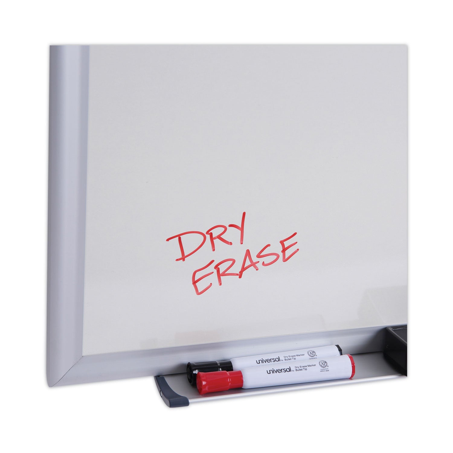 Universal® Deluxe Melamine Dry Erase Board, 48" x 36", White Surface, Satin Aluminum Frame