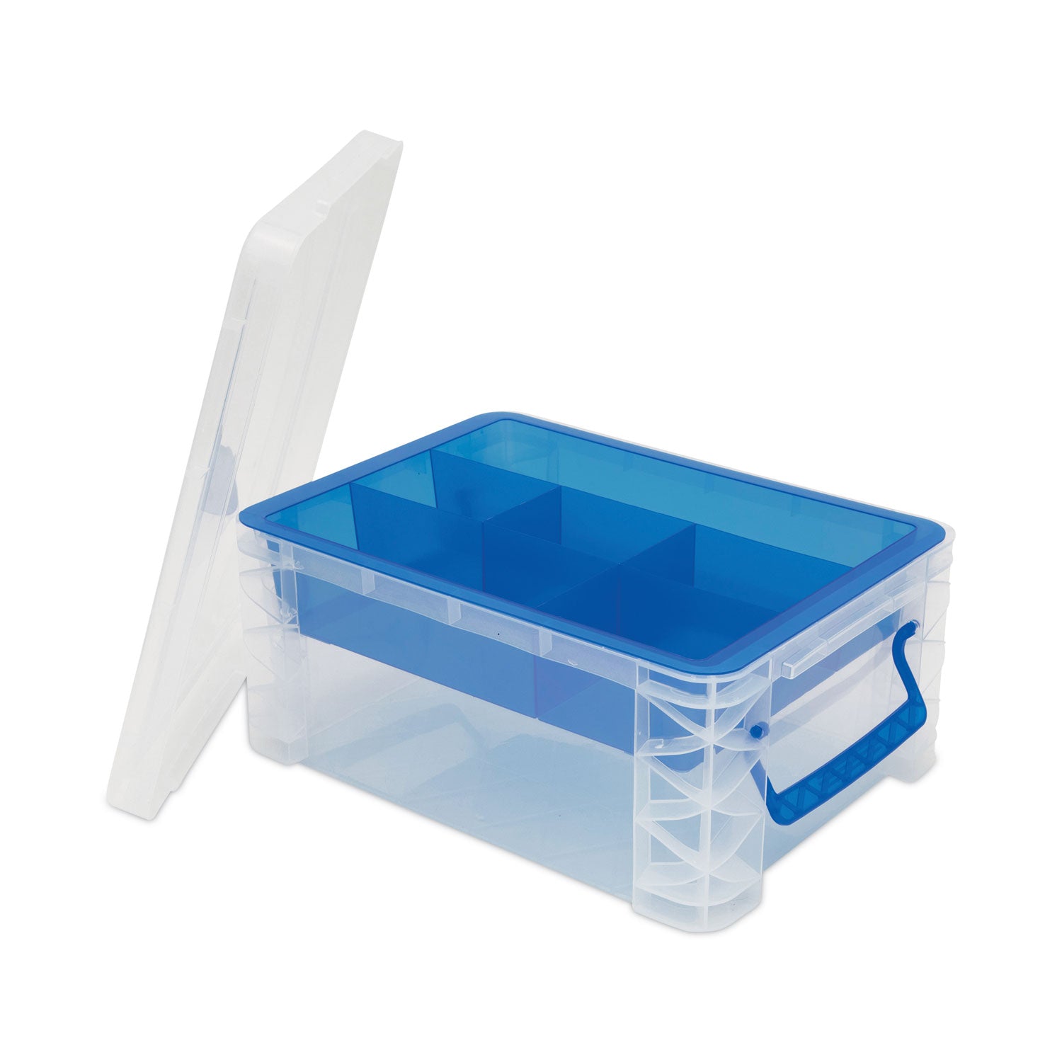 Advantus Super Stacker Divided Storage Box, 6 Sections, 10.38" X 14.25" X 6.5", Clear/blue