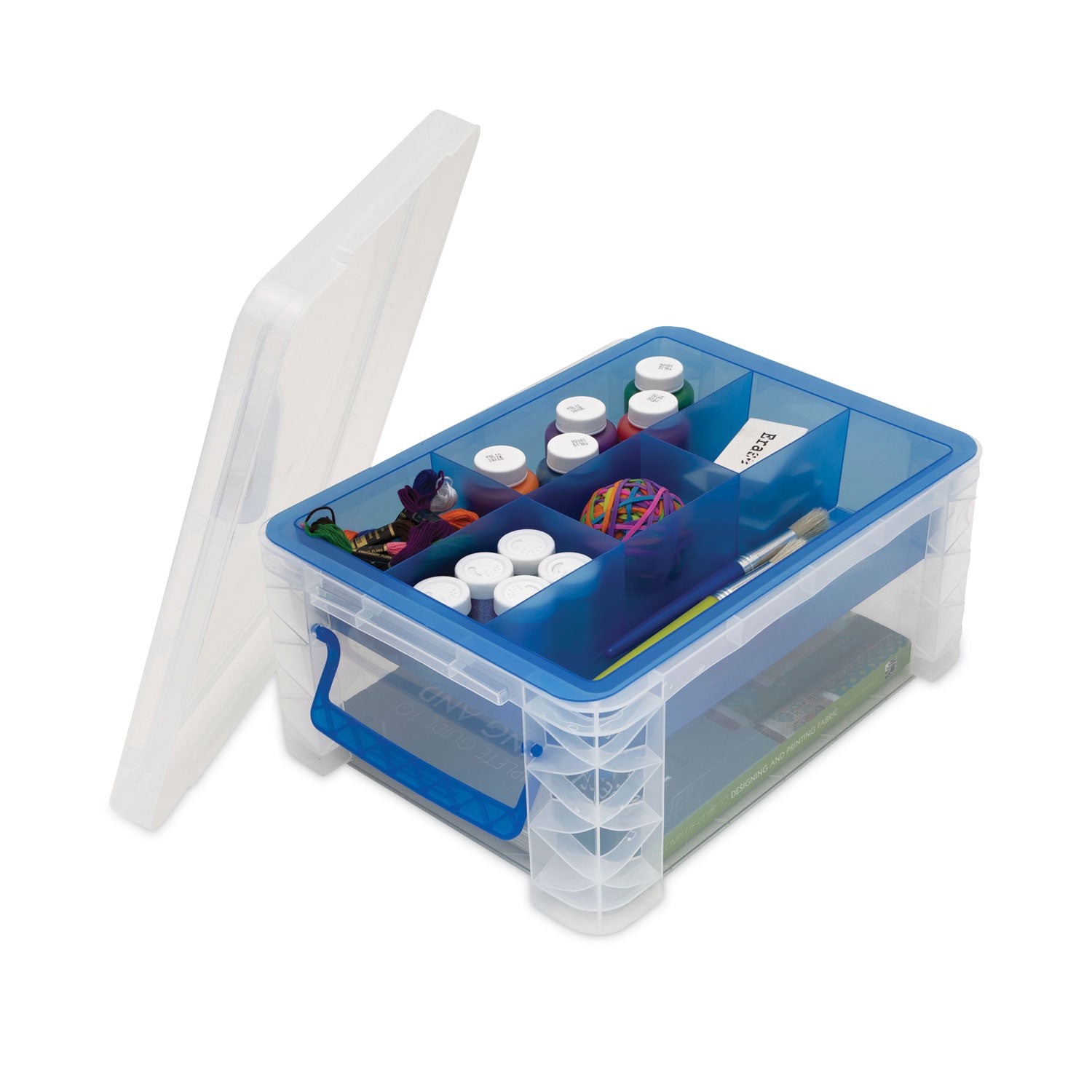 Advantus Super Stacker Divided Storage Box, 6 Sections, 10.38" X 14.25" X 6.5", Clear/blue