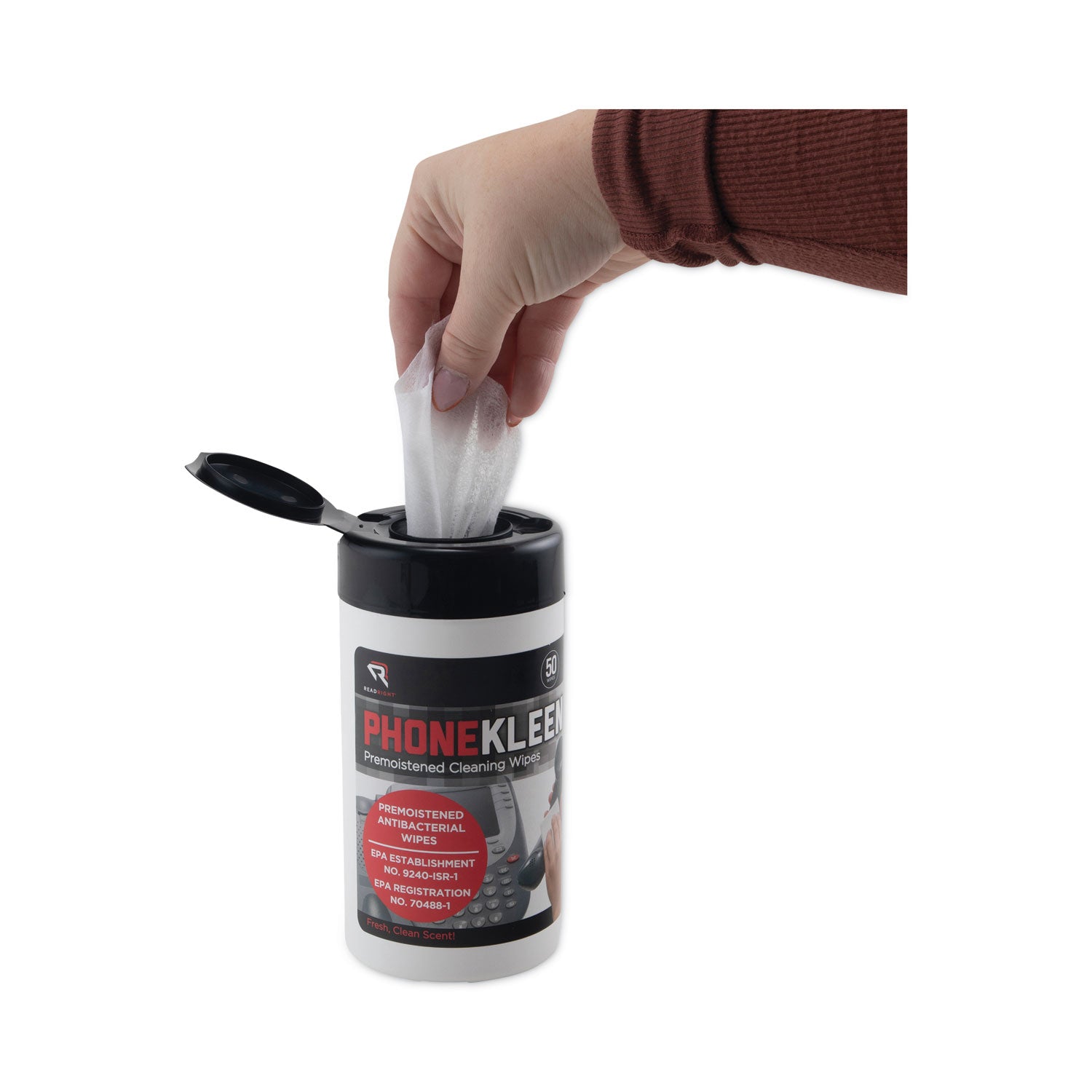 Read Right® PhoneKleen Wet Wipes, Cloth, 5 x 5, 50/Tub