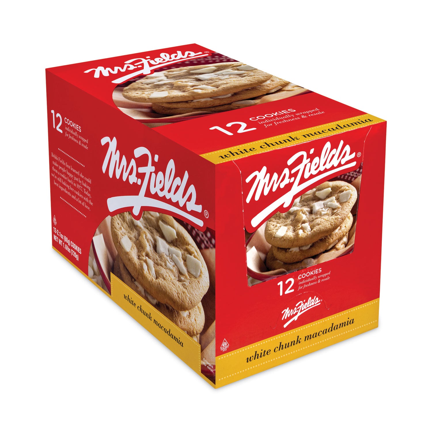 Mrs. Fields® White Chunk Macadamia Cookies, 2.1 oz, Individually Wrapped Pack, White Chocolate, 12/Carton