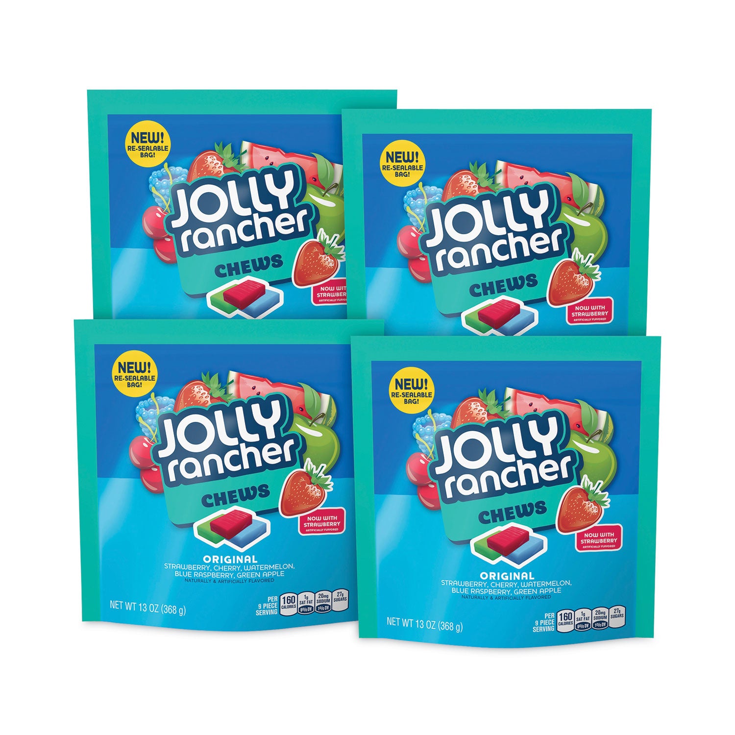 Jolly Rancher® Chews Candy, Assorted Flavors, 13 oz Pouches, 4/Carton