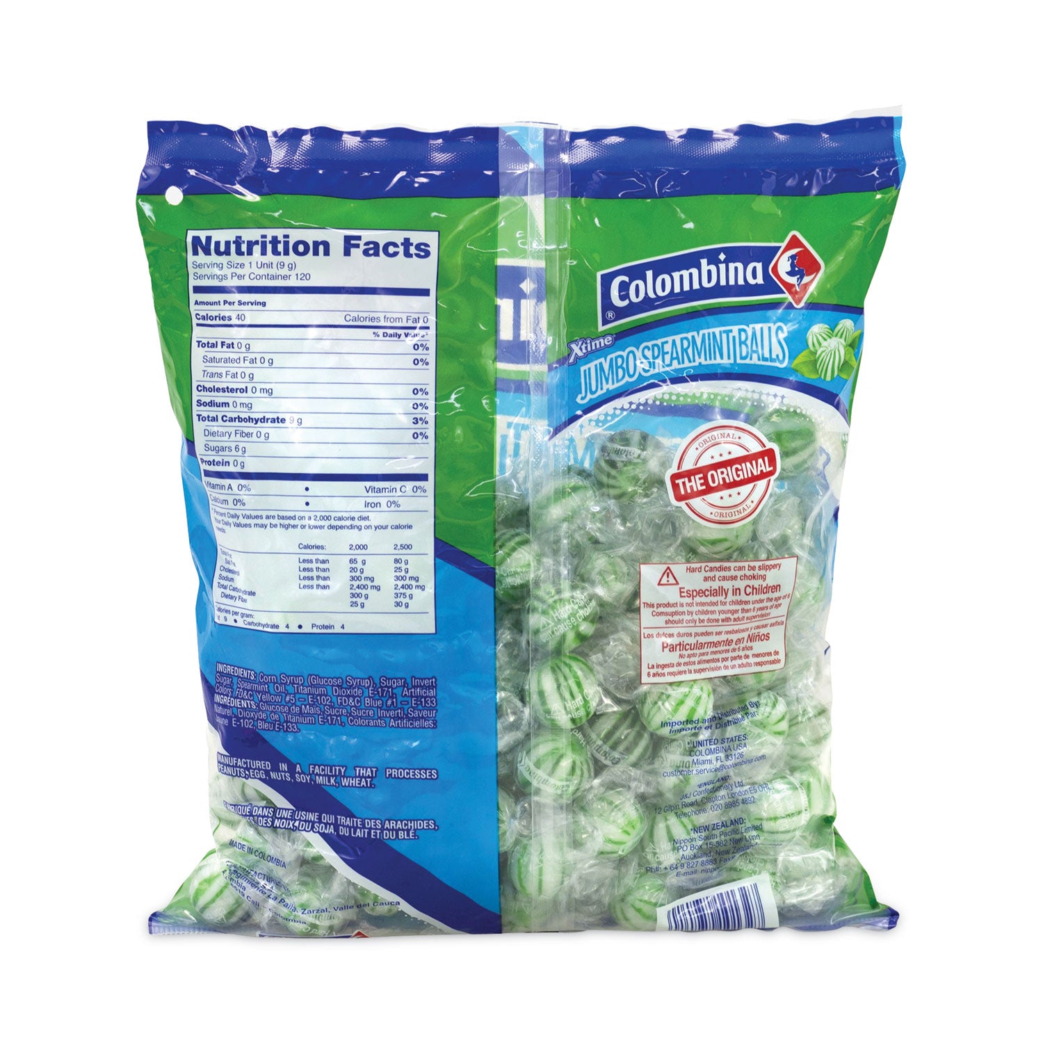 Colombina Jumbo Spearmint Balls, 0.04 oz, 120 Balls/Bag, 1 Bag/Carton