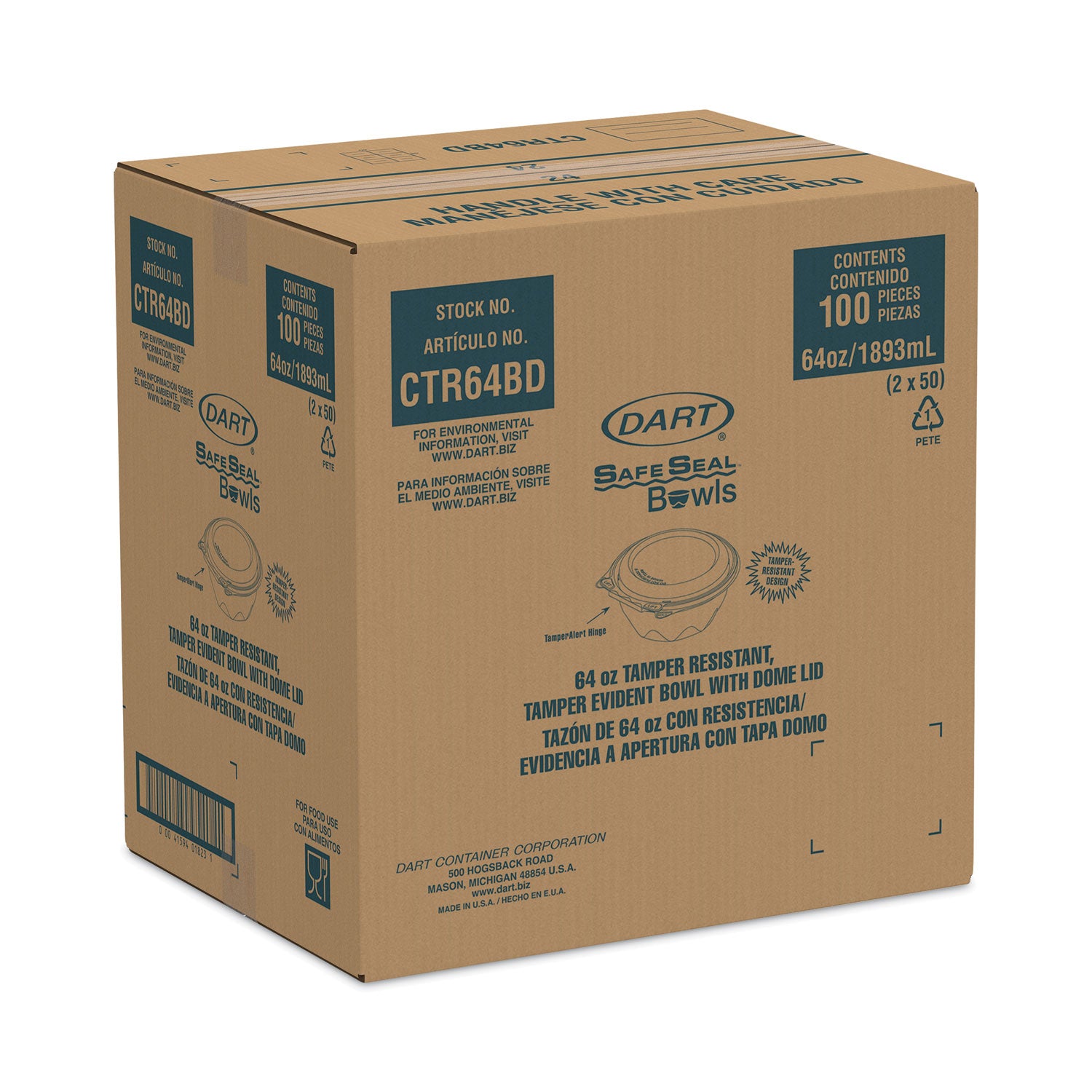 Dart® Tamper-Resistant, Tamper-Evident Bowls with Dome Lid, 64 oz, 8.9" Diameter x 4" h, Clear, Plastic, 100/Carton