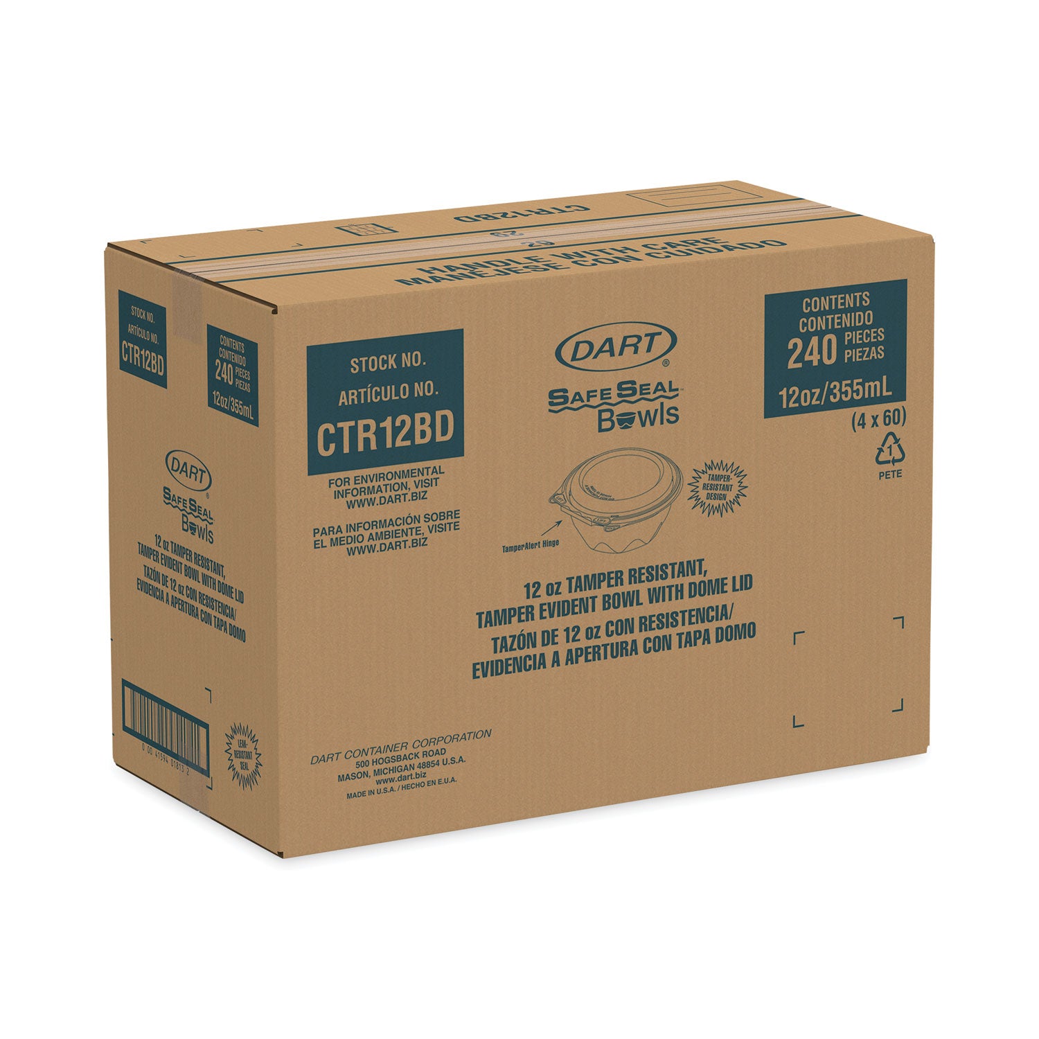 Dart® Tamper-Resistant, Tamper-Evident Bowls with Dome Lid, 12 oz, 5.5" Diameter x 2.6" h, Clear, Plastic, 240/Carton