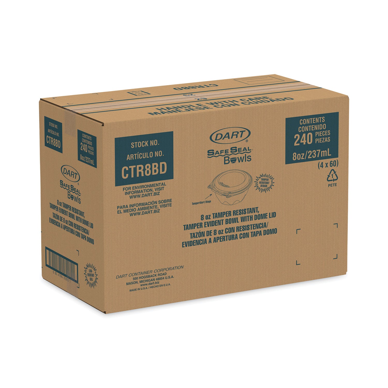 Dart® Tamper-Resistant, Tamper-Evident Bowls with Dome Lid, 8 oz, 5.5" Diameter x 2.1" h, Clear, Plastic, 240/Carton