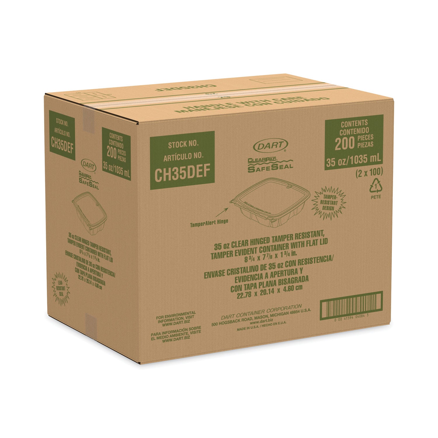 Dart® ClearPac SafeSeal Tamper-Resistant/Evident Containers, Flat Lid, 35 oz, Clear, Plastic, 100/Bag, 2 Bags/Carton