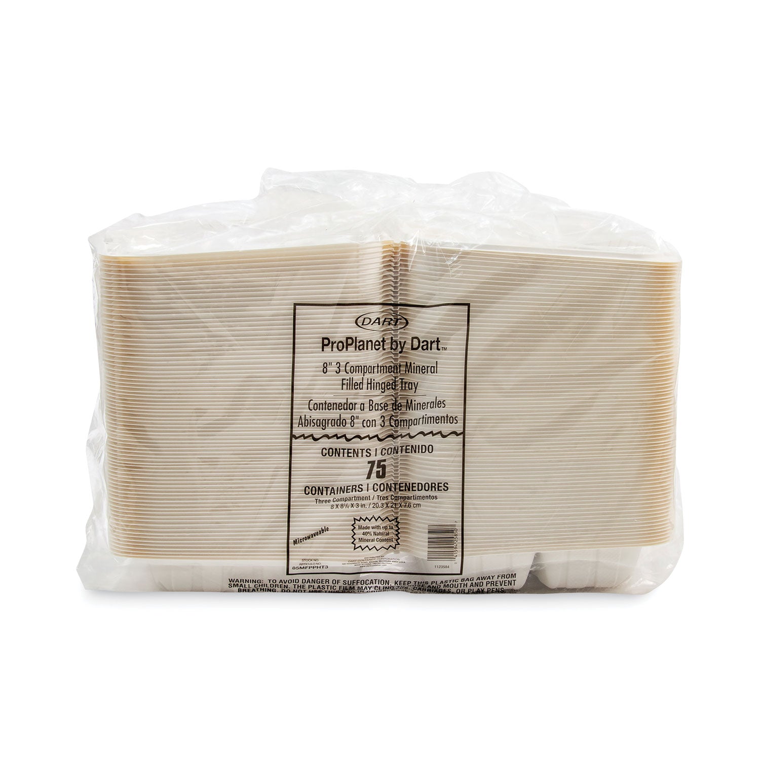 Dart® Hinged Lid Containers, 3 Compartments, 8.3 x 8 x 3, White, Plastic, 150/Carton