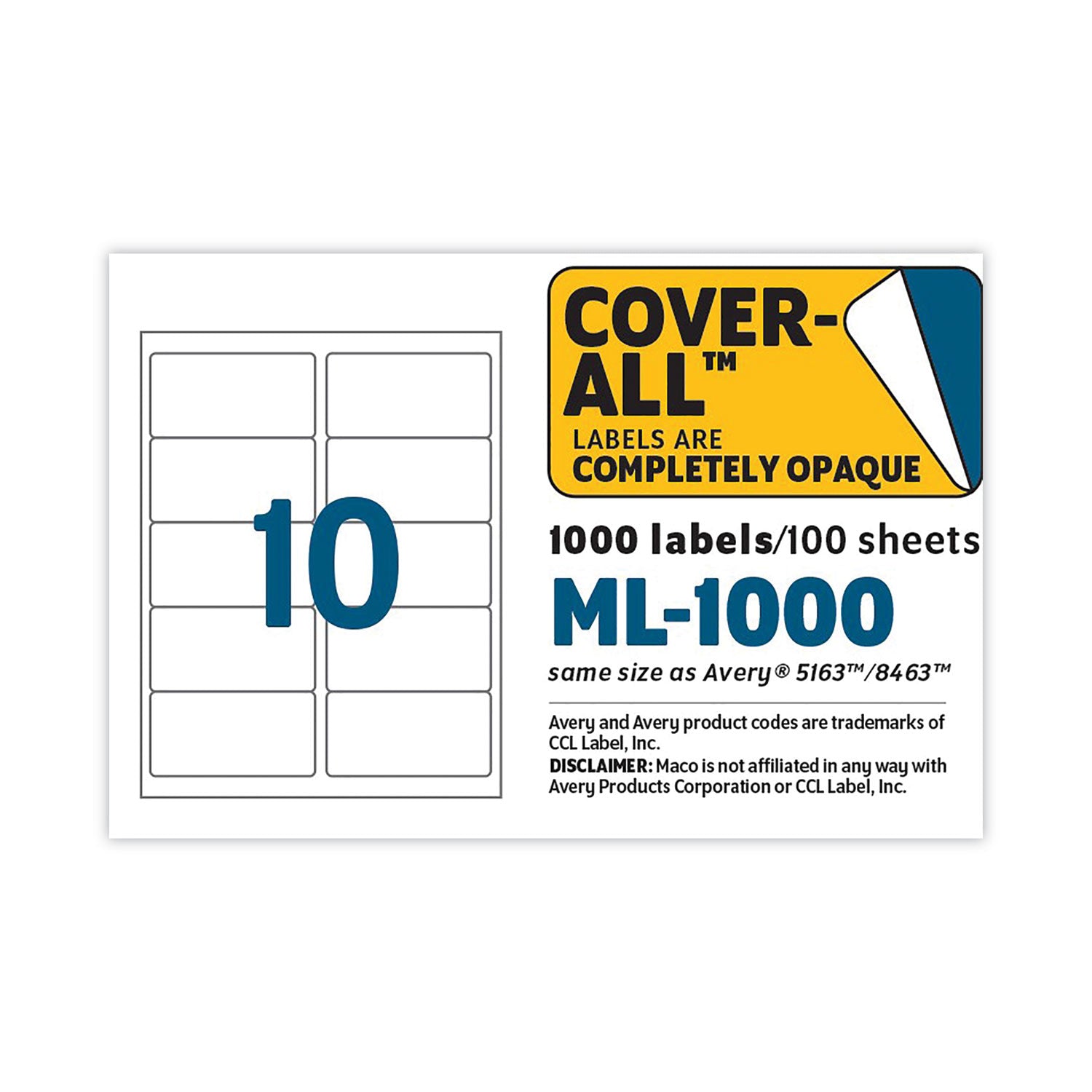 MACO® Cover-All Opaque Laser/inkjet Shipping Labels, Inkjet/laser Printers, 2 X 4, White, 10 Labels/sheet, 100 Sheets/box
