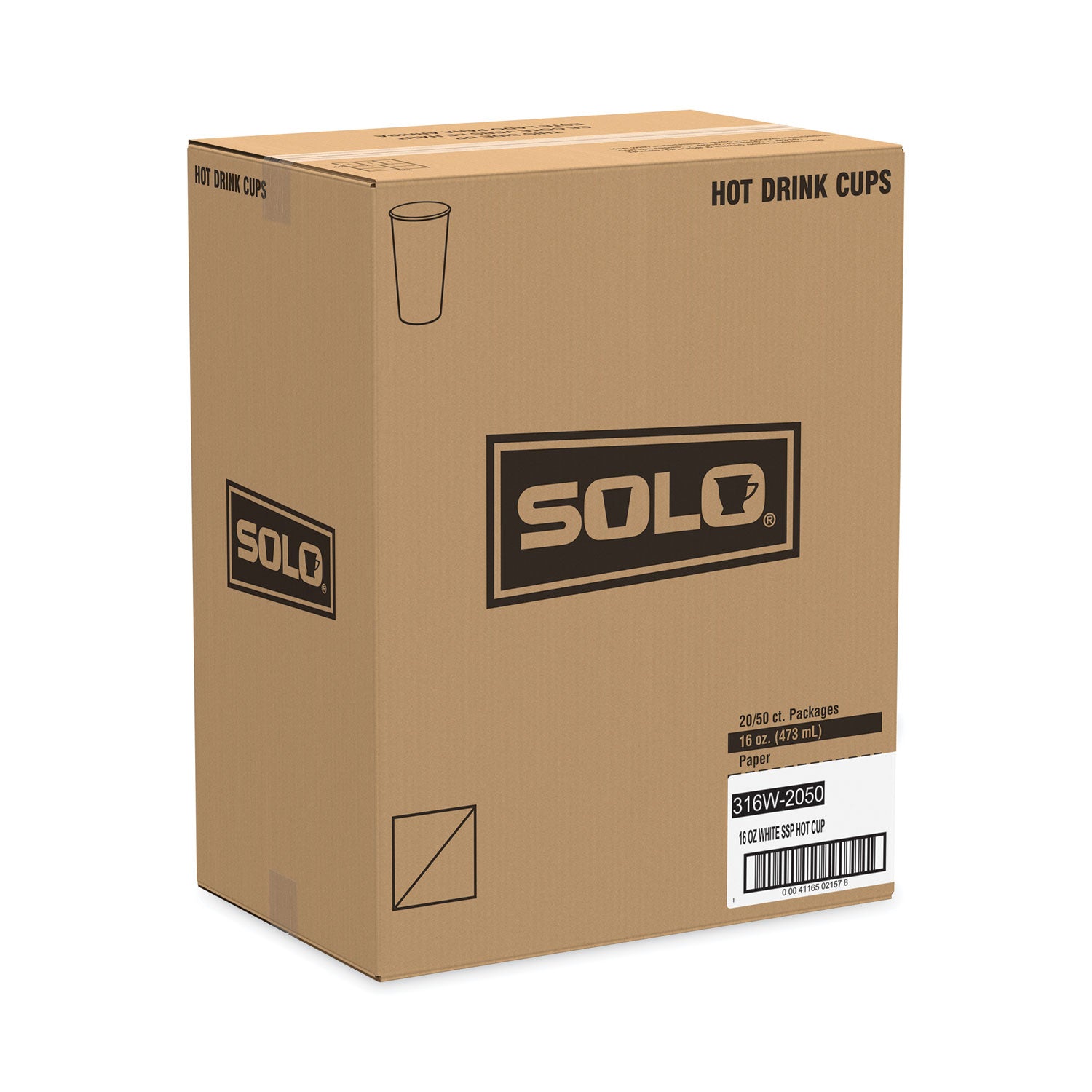 SOLO® Single-Sided Poly Paper Hot Cups, 16 oz, White, 50/Sleeve, 20 Sleeves/Carton
