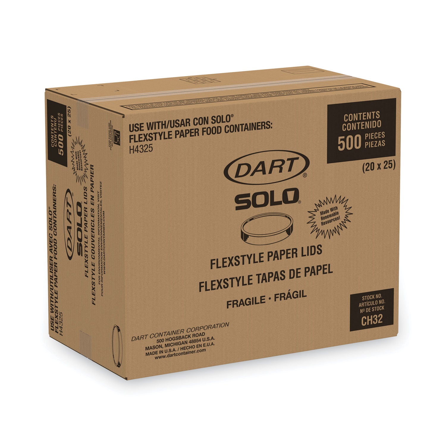 SOLO® Paper Lids for Food Containers, For 32 oz Containers, Vented, 4.6" Diameter x 0.7" h, White, 25/Bag, 20 Bags/Carton