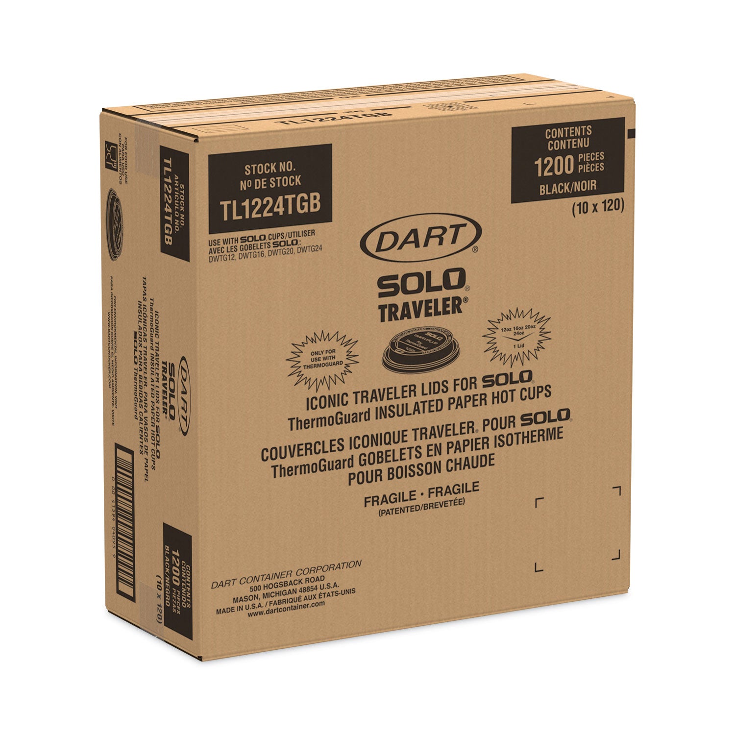 SOLO® Solo Traveler Sip Through Lids for ThermoGuard Hot Cups, Fits 12 oz to 24 oz Hot Cups, Plastic, Black, 1,200/Carton