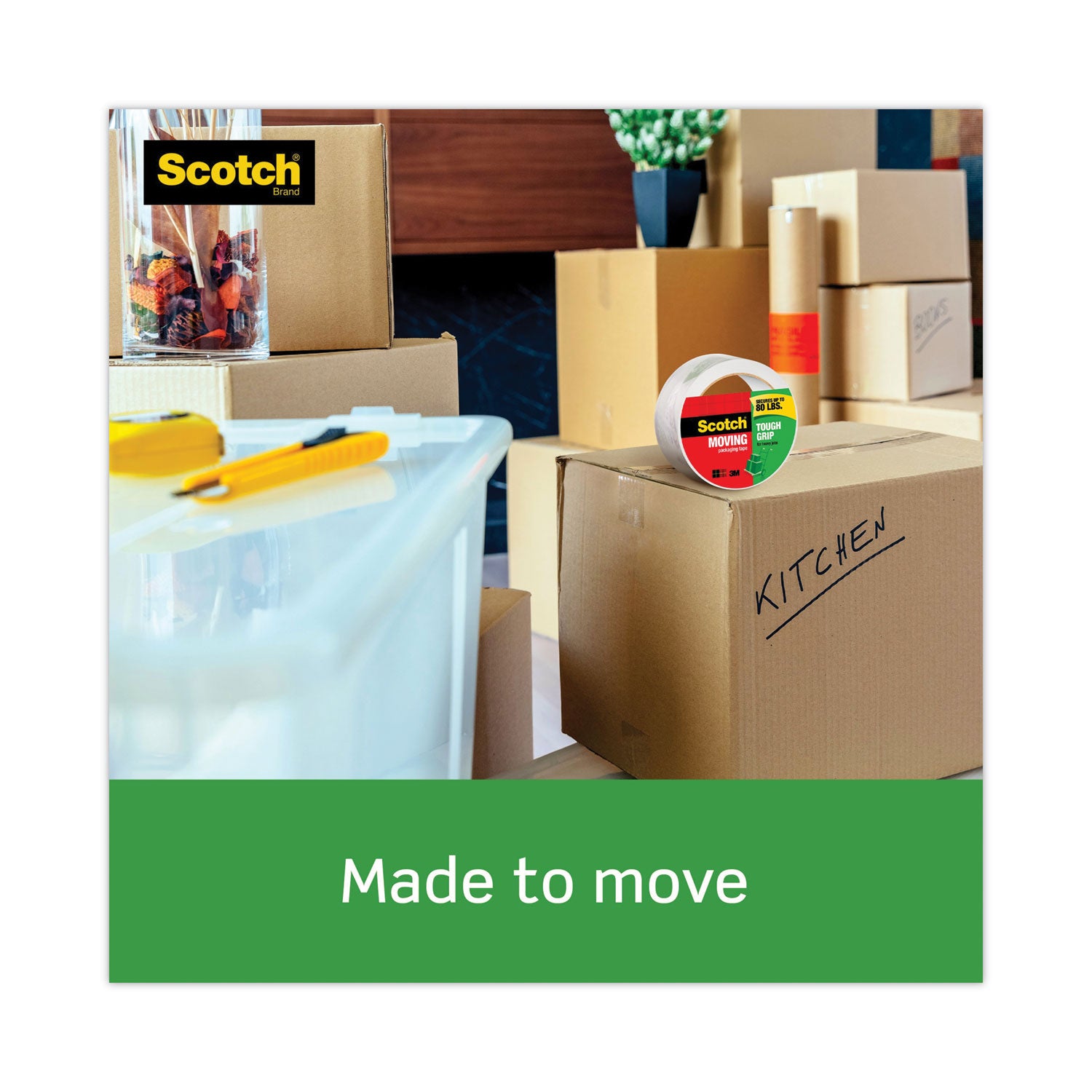 Scotch® Tough Grip Moving Packaging Tape, 3" Core, 1.88" X 38.2 Yds, Clear, 3/pack