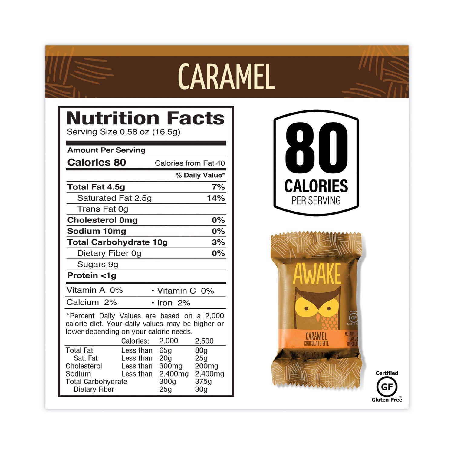 Awake Caffeinated Caramel Chocolate Bites, 0.58 oz Bars, 50 Bars/Carton