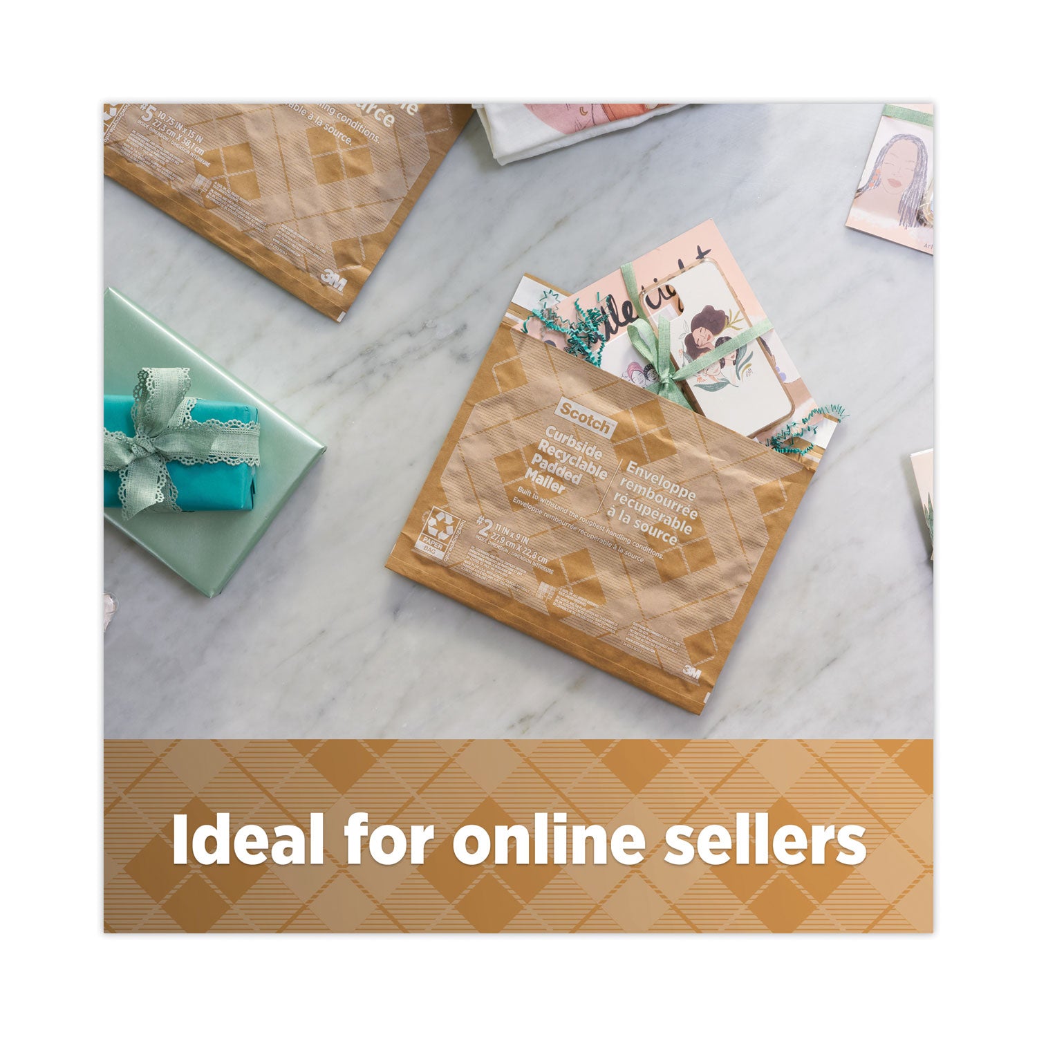 Scotch™ Curbside Recyclable Padded Mailer, #5, Bubble Cushion, Self-Adhesive Closure, 12 x 17.25, Natural Kraft, 100/Carton