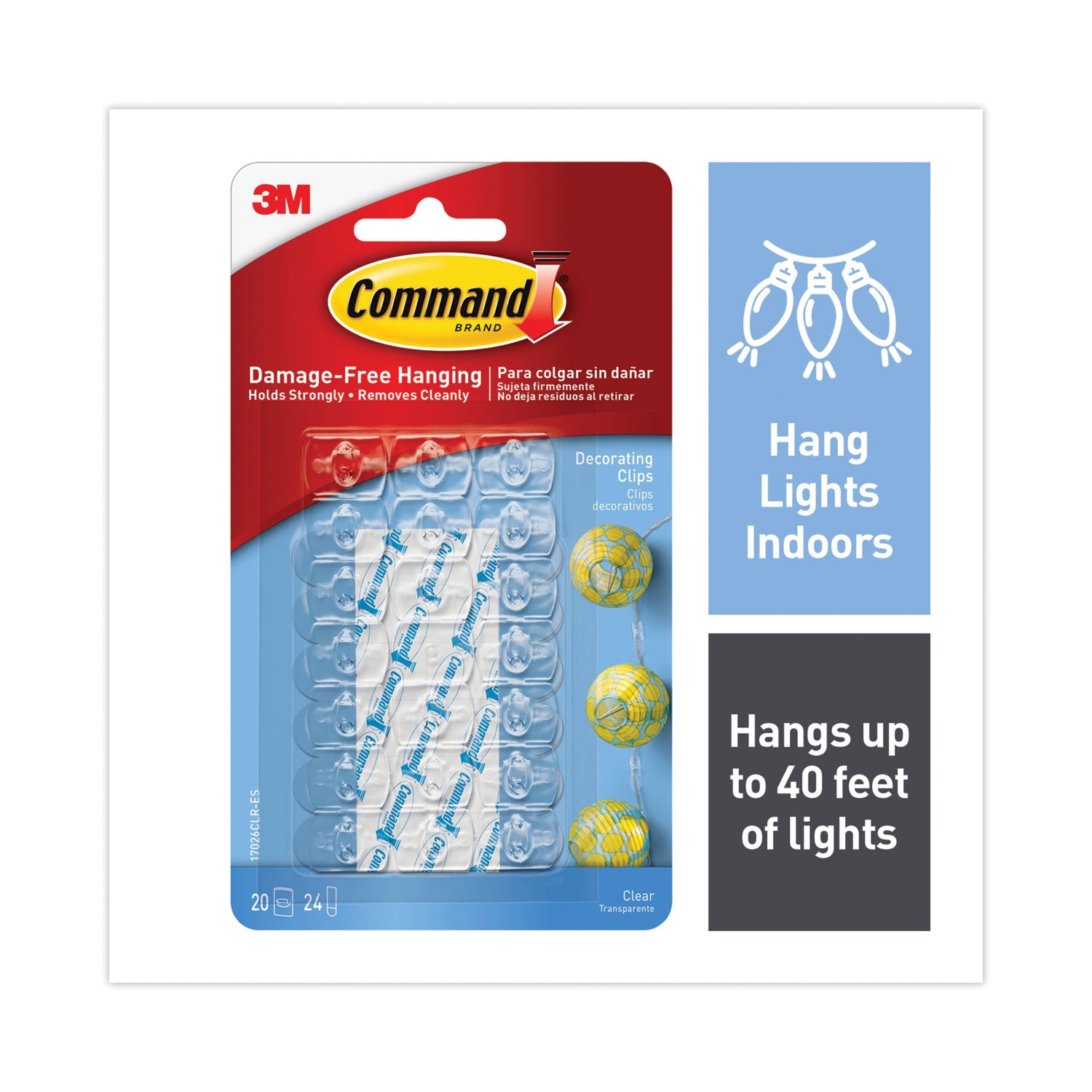 Command™ Clear Hooks and Strips, Decorating Clips, Plastic, 0.1 lb Capacity, 20 Clips and 24 Strips/Pack