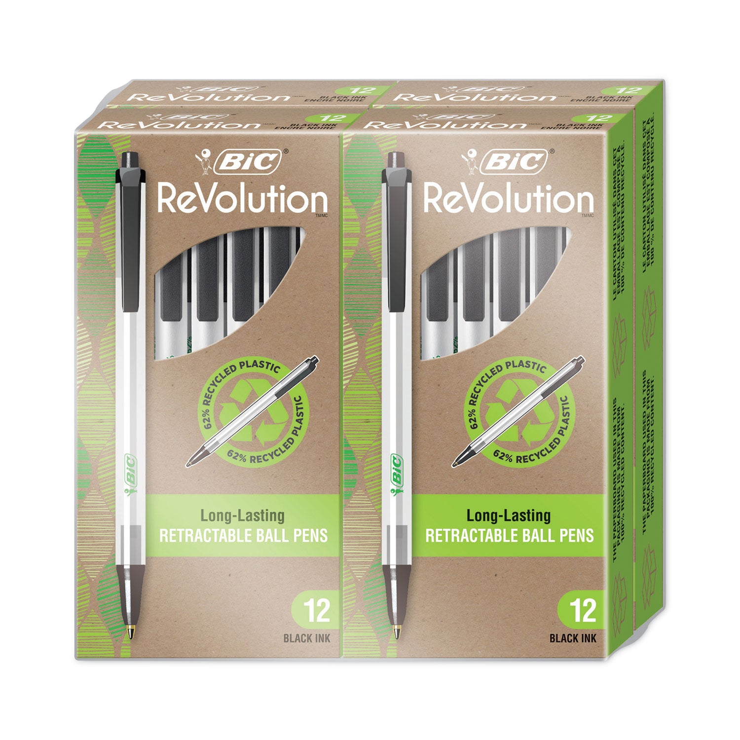 BIC® ReVolution Clic Stic Ballpoint Pen, Retractable, Medium 1 mm, Black Ink, Translucent Frost/Black Barrel, 48/Pack