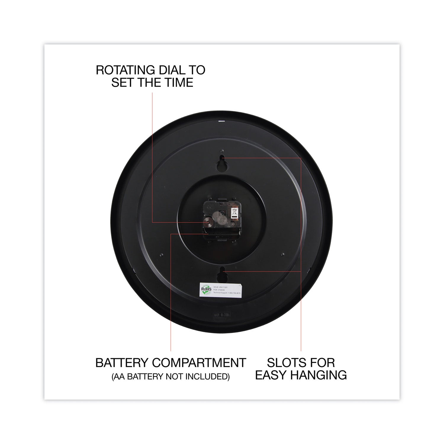 Universal® Indoor/outdoor Round Wall Clock, 13.5" Overall Diameter, Black Case, 1 Aa (sold Separately)