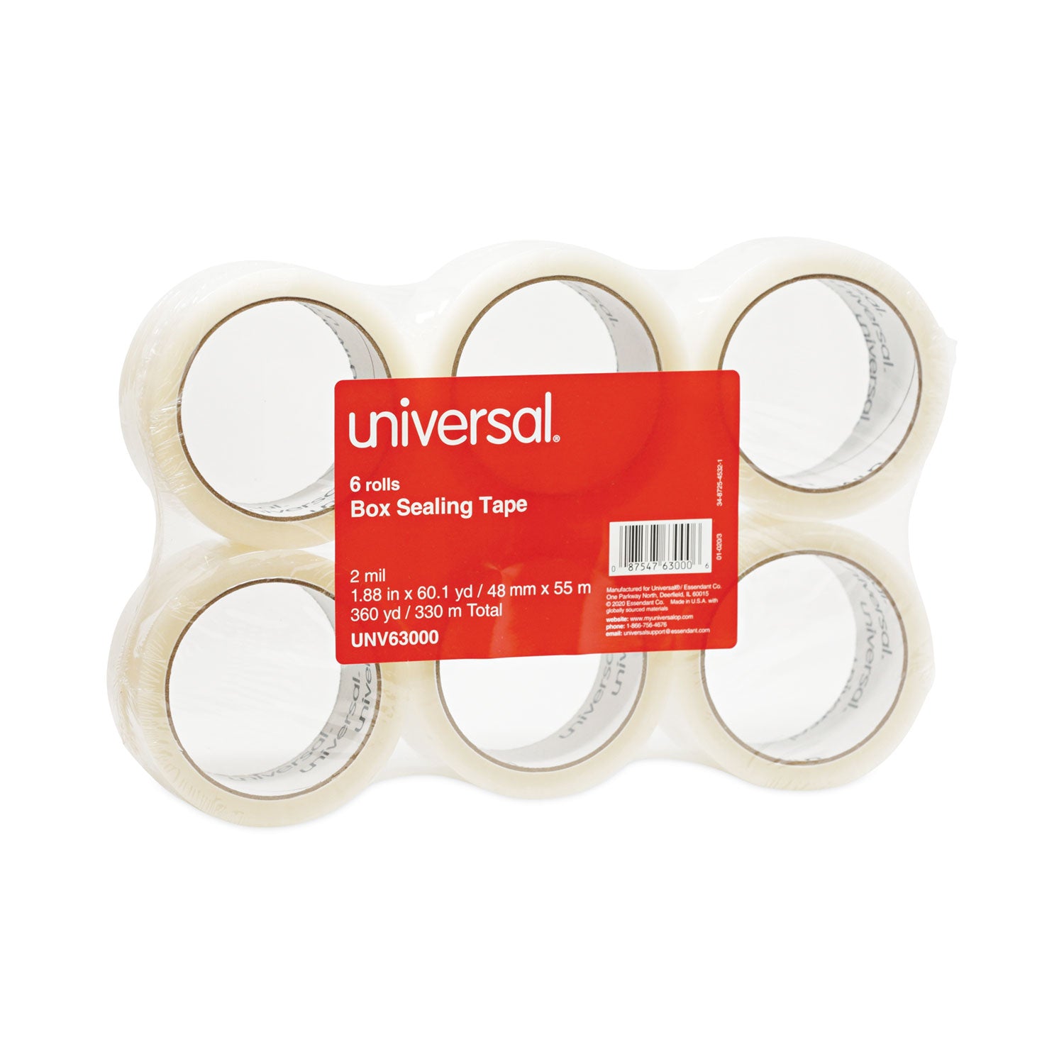 Universal® General-Purpose Box Sealing Tape, 3" Core, 1.88" X 60 Yds, Clear, 6/pack
