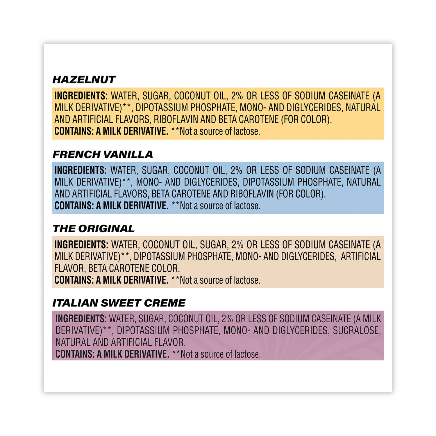 Coffee mate® Liquid Coffee Creamer, French Vanilla/Hazelnut/Italian Sweet Cream/Original, 0.38 oz Mini Cups, 200/Carton