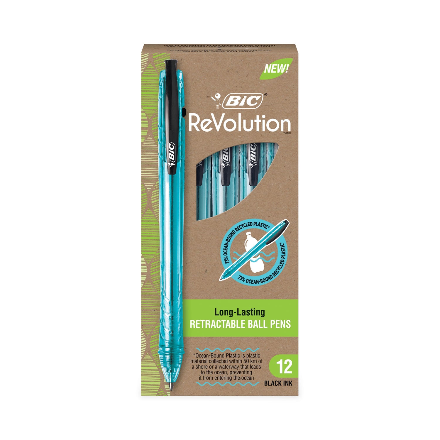BIC® ReVolution Ocean Bound Ballpoint Pen, Retractable, Medium 1 mm, Black Ink, Translucent Blue Barrel, Dozen