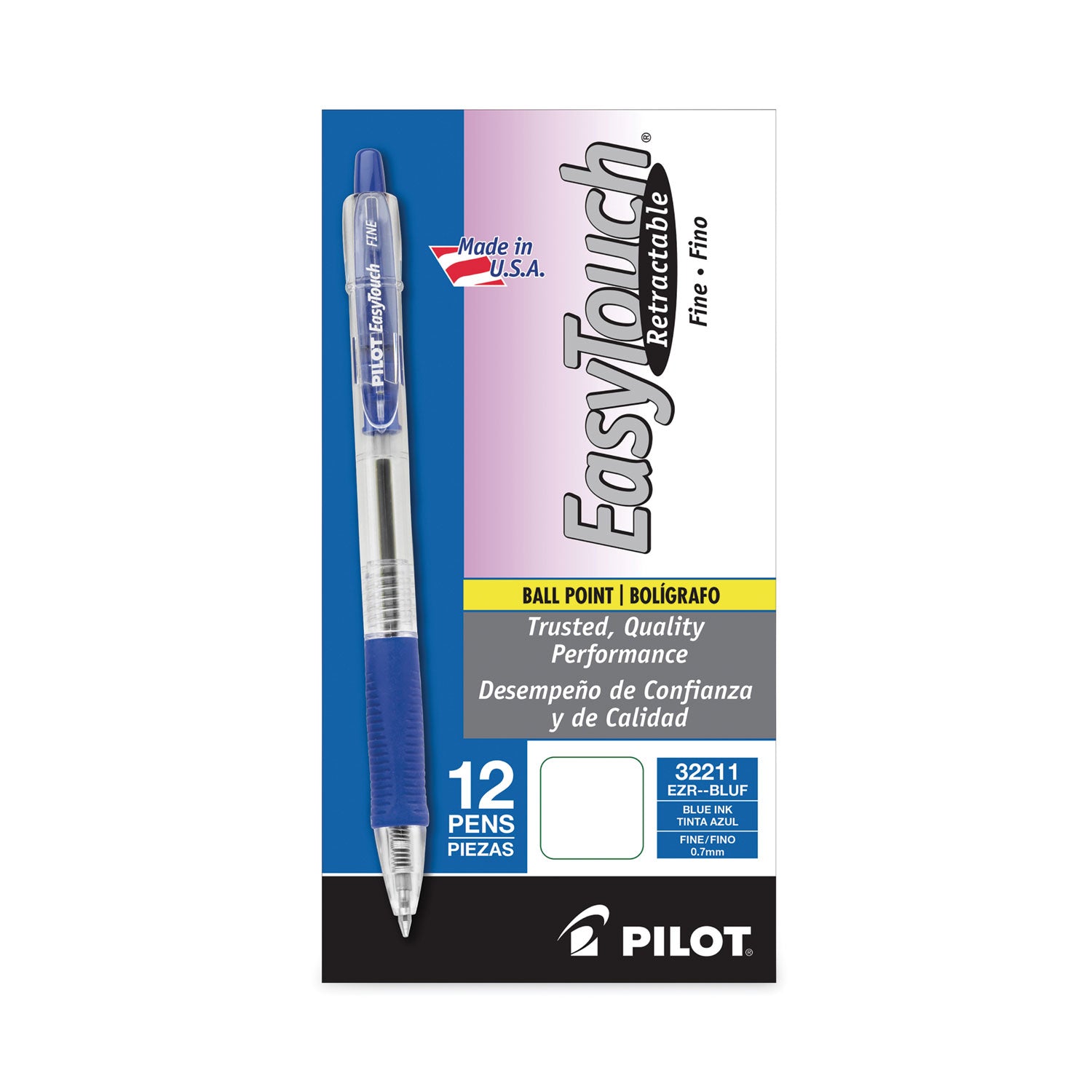 Pilot® Easytouch Ballpoint Pen, Retractable, Fine 0.7 Mm, Blue Ink, Clear Barrel, Dozen