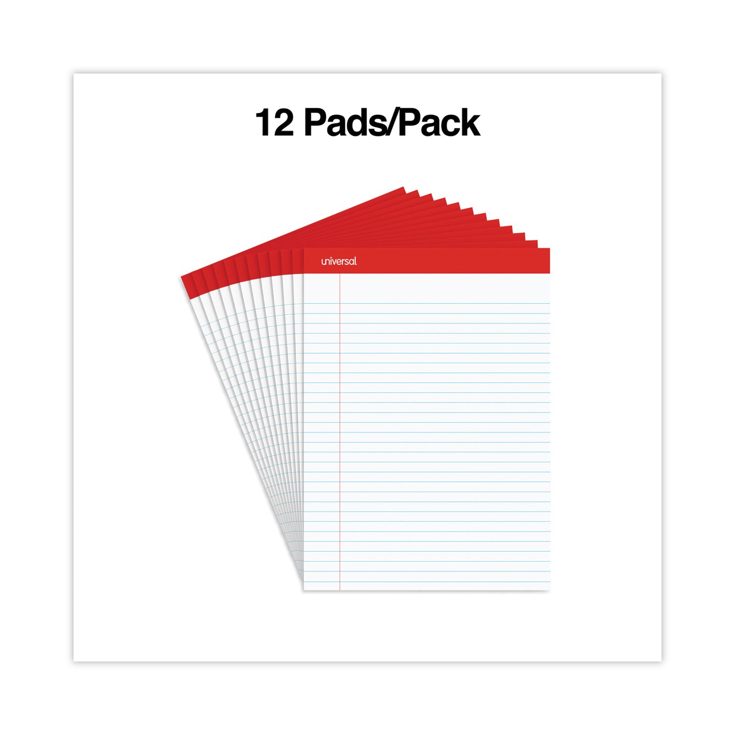 Universal® Perforated Ruled Writing Pads, Wide/legal Rule, Red Headband, 50 White 8.5 X 11.75 Sheets, Dozen