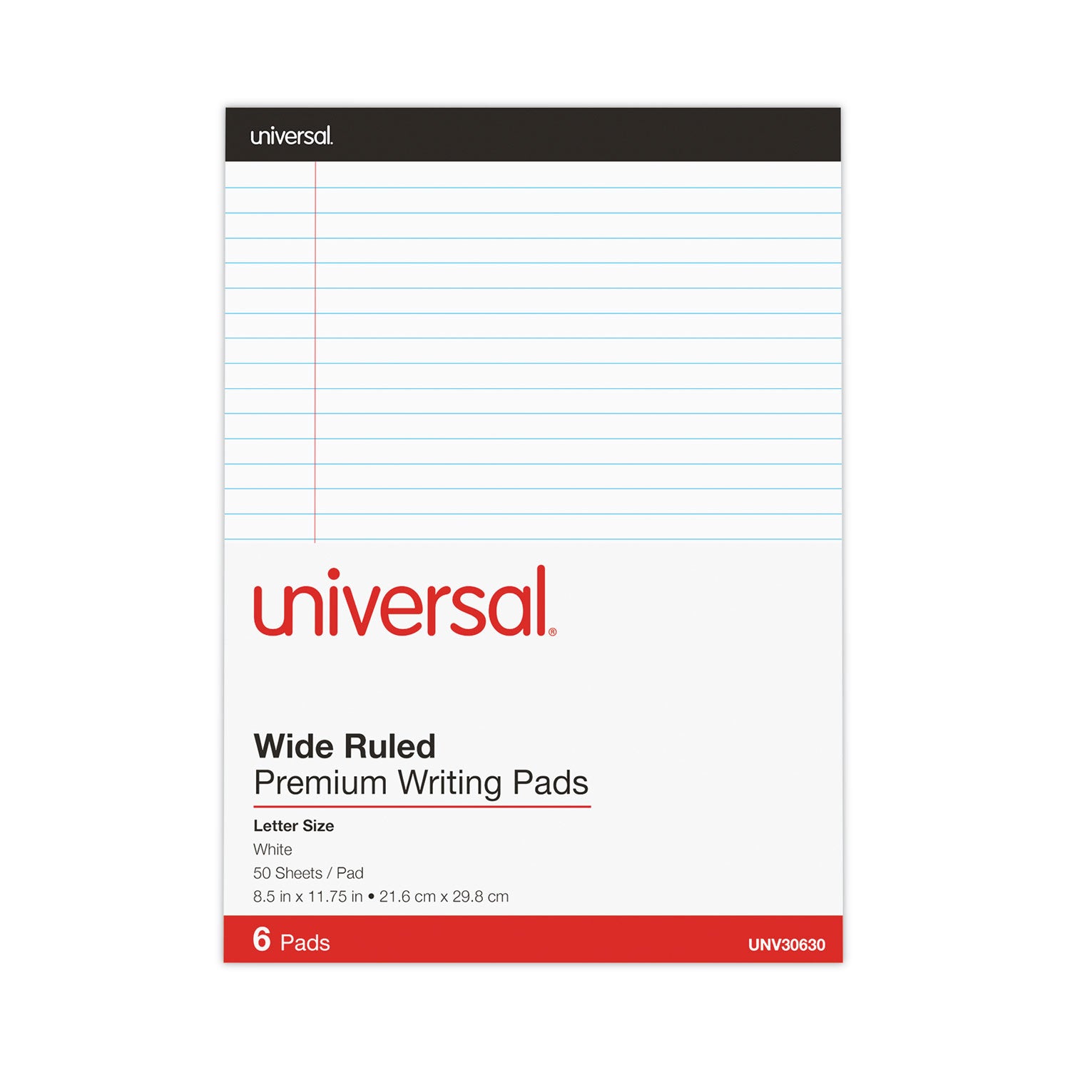 Universal® Premium Ruled Writing Pads With Heavy-Duty Back, Wide/legal Rule, Black Headband, 50 White 8.5 X 11 Sheets, 6/pack