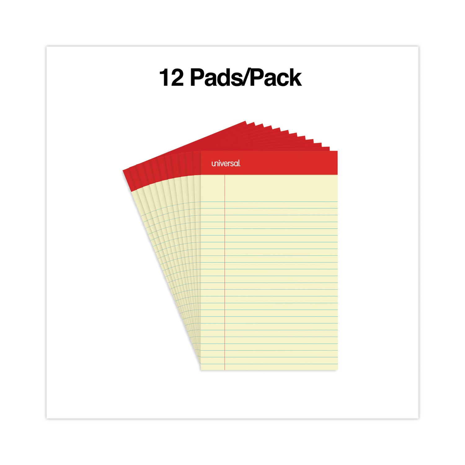 Universal® Perforated Ruled Writing Pads, Narrow Rule, Red Headband, 50 Canary-Yellow 5 X 8 Sheets, Dozen
