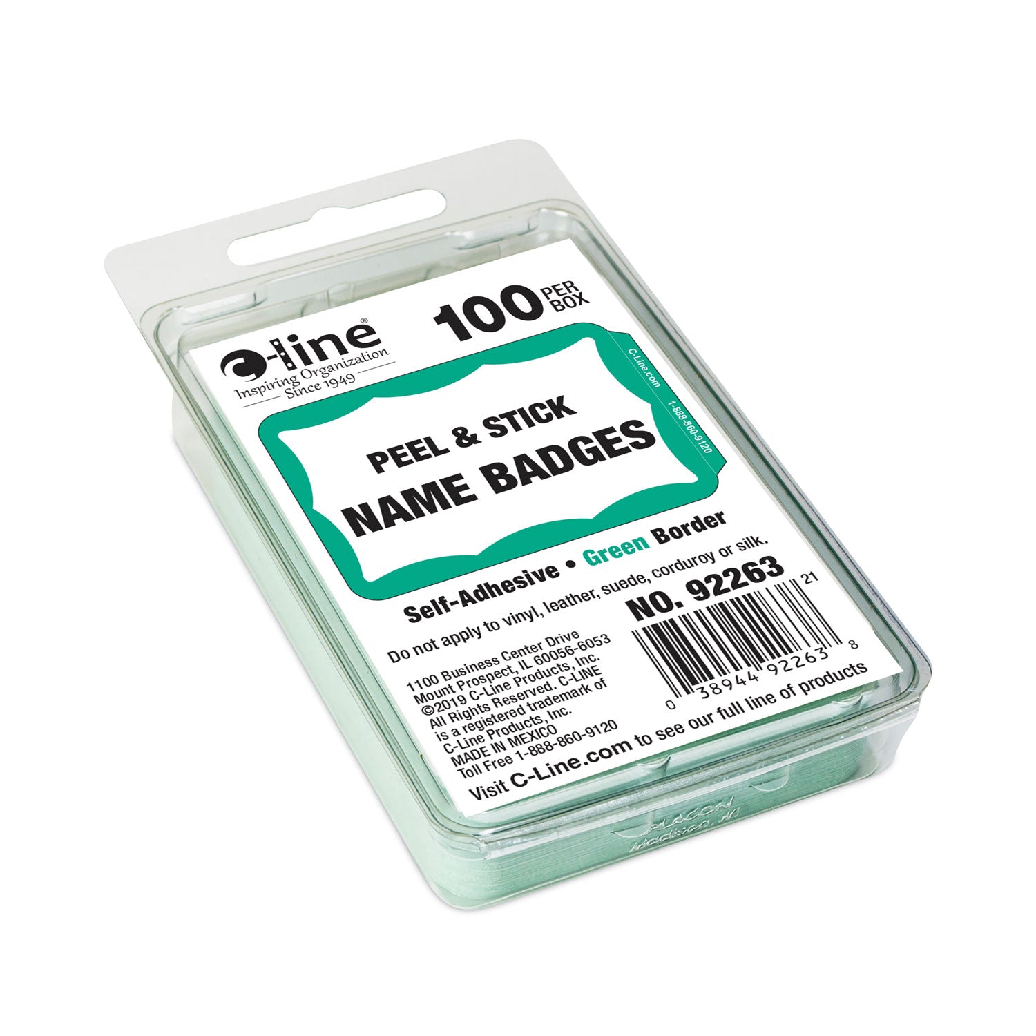 C-Line® Self-Adhesive Name Badges, 3.5 X 2.25, Green, 100/box