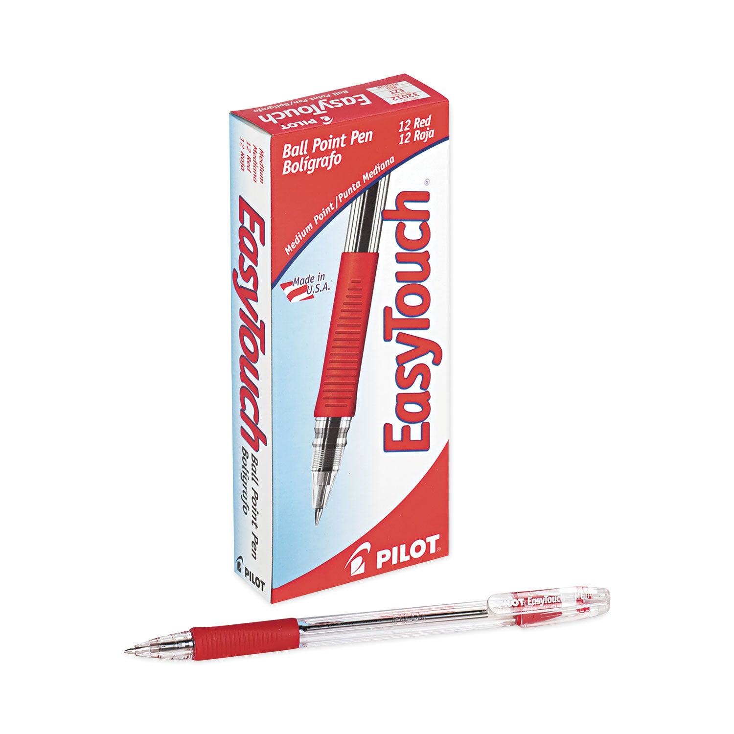 Pilot® EasyTouch Ballpoint Pen, Stick, Medium 1 mm, Red Ink, Clear/Red Barrel, Dozen