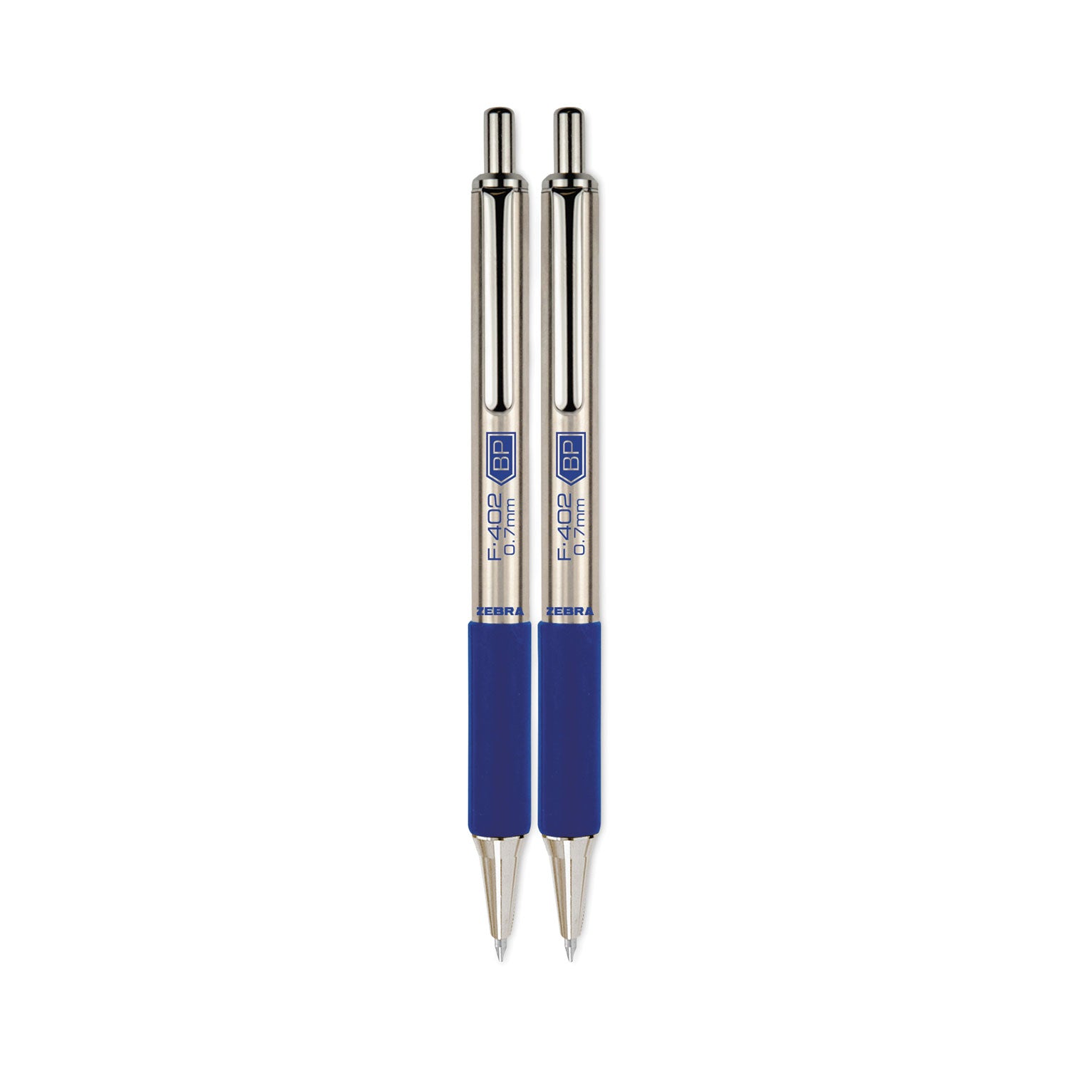 Zebra® F-402 Ballpoint Pen, Retractable, Fine 0.7 Mm, Blue Ink, Stainless Steel/blue Barrel, 2/pack