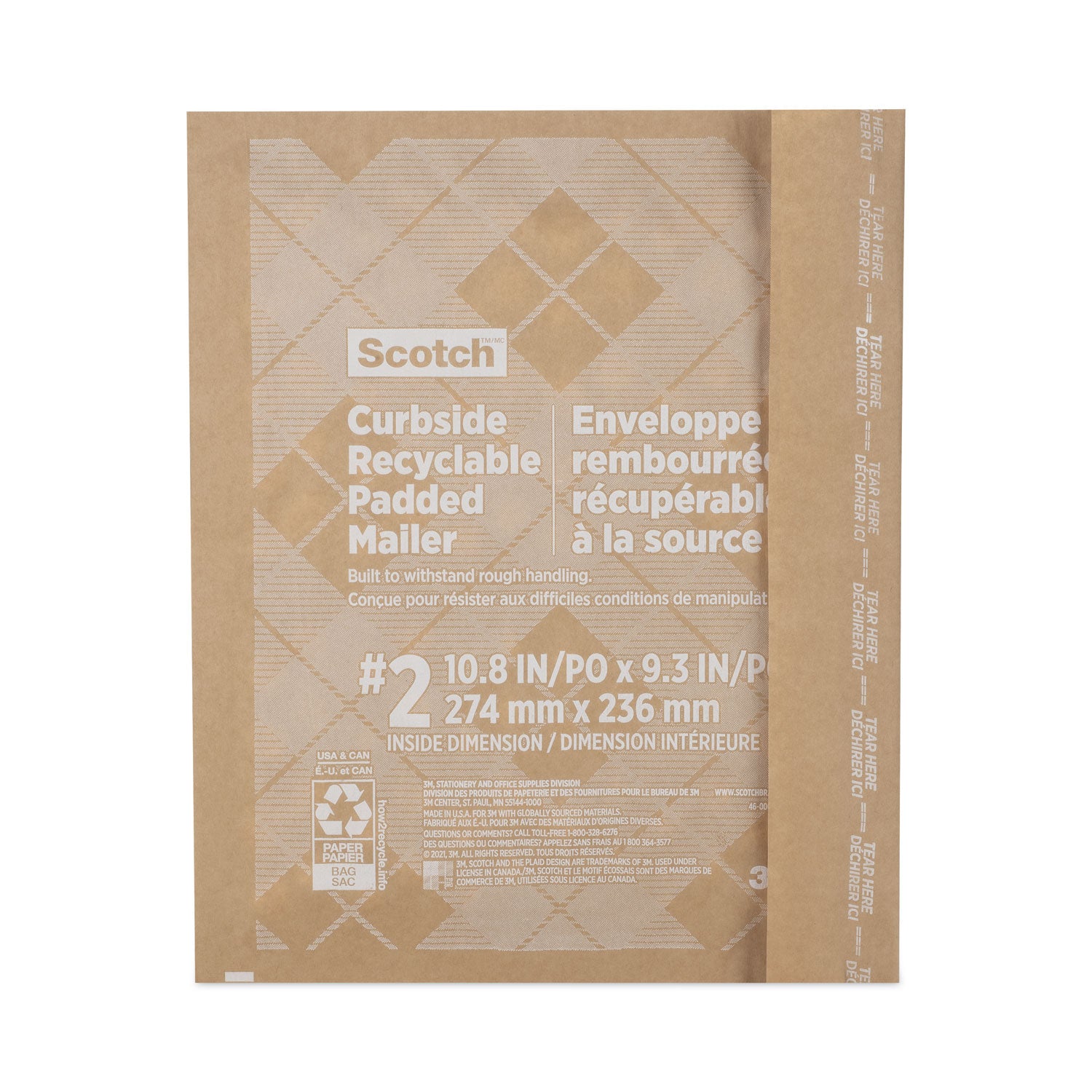 Scotch™ Curbside Recyclable Padded Mailer, #2, Bubble Cushion, Self-Adhesive Closure, 11.25 x 12, Natural Kraft, 100/Carton