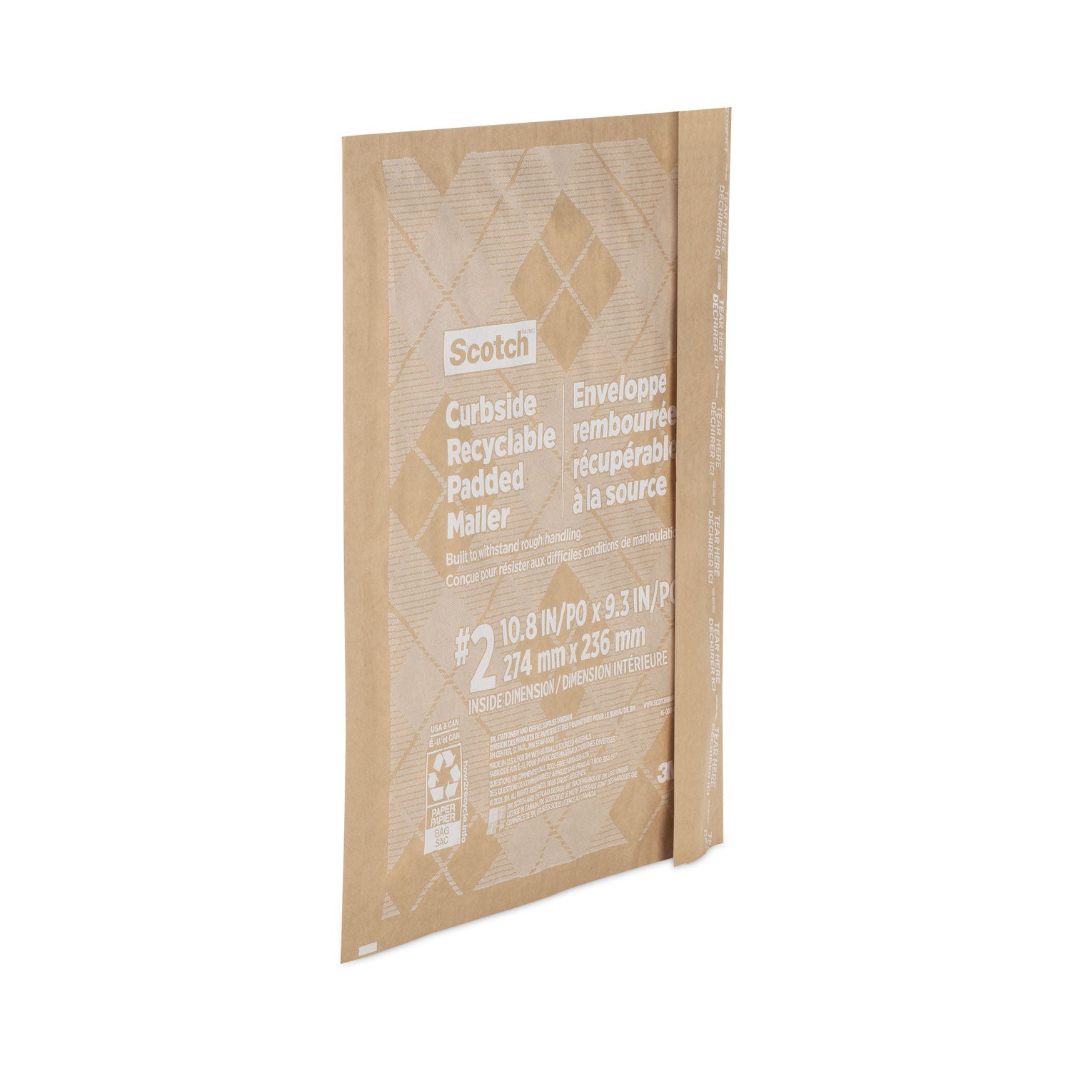 Scotch™ Curbside Recyclable Padded Mailer, #2, Bubble Cushion, Self-Adhesive Closure, 11.25 x 12, Natural Kraft, 100/Carton