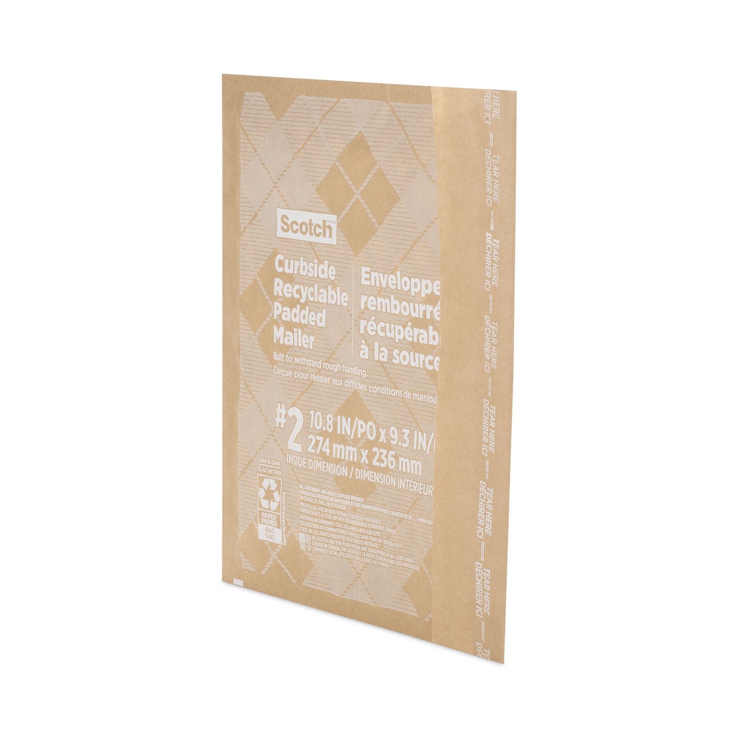 Scotch™ Curbside Recyclable Padded Mailer, #2, Bubble Cushion, Self-Adhesive Closure, 11.25 x 12, Natural Kraft, 100/Carton