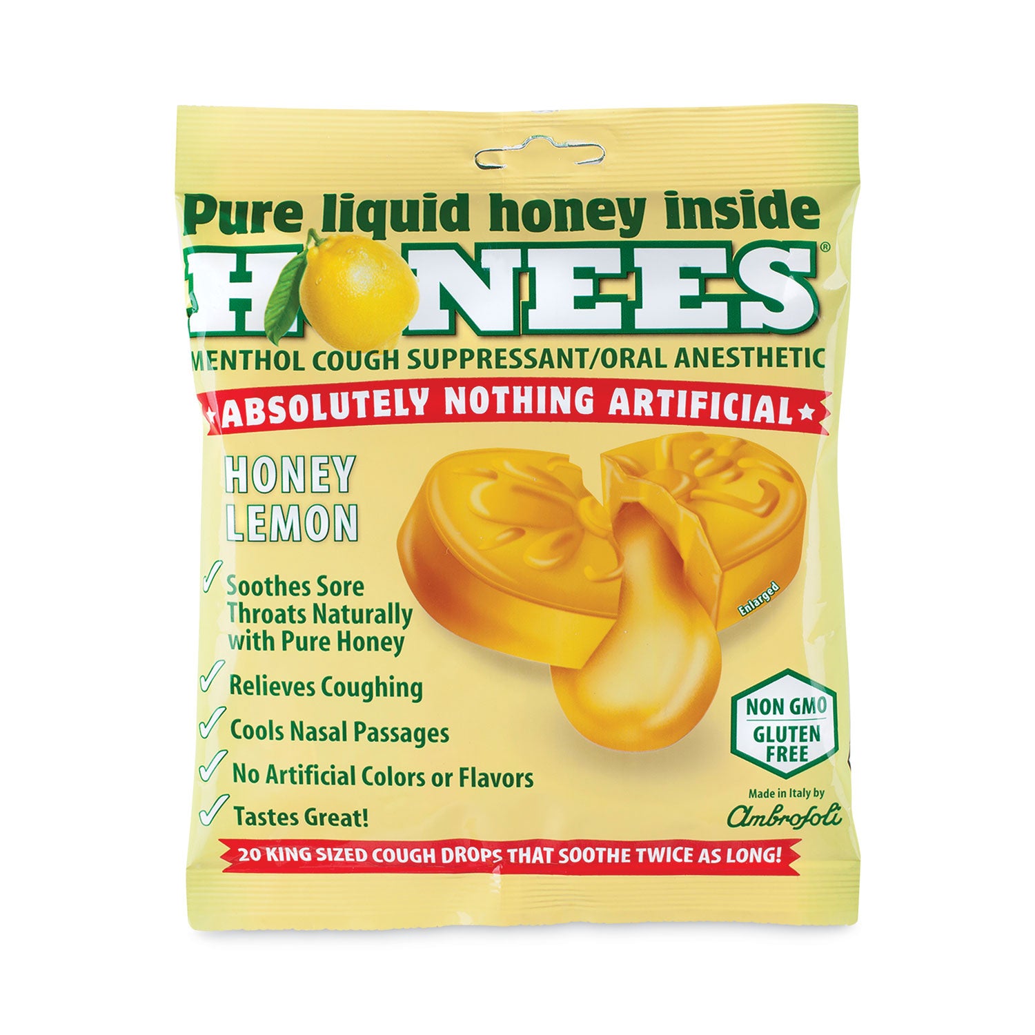 HONEES® Cough Drops, Honey-Lemon, 20 per Bag, 6 Bags/Pack