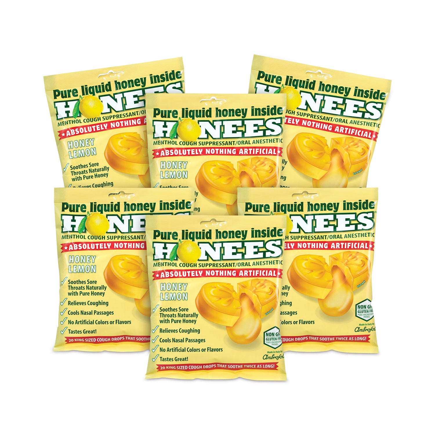 HONEES® Cough Drops, Honey-Lemon, 20 per Bag, 6 Bags/Pack