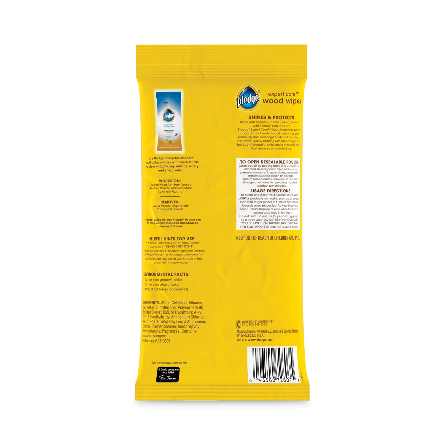 Pledge® Lemon Scent Wet Wipes, Cloth, 7 X 10, White, 24/pack