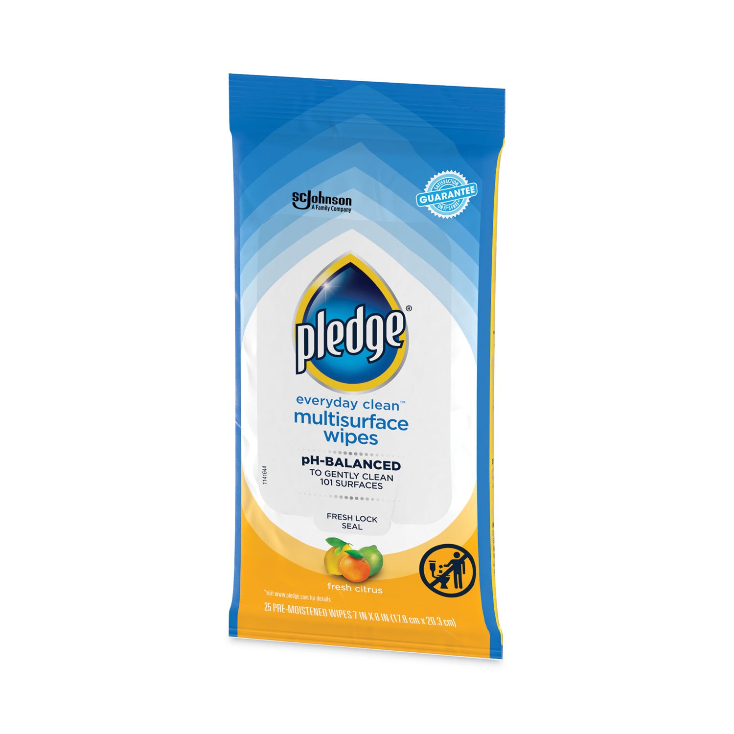 Pledge® Multi-Surface Cleaner Wet Wipes, Cloth, 7 x 10, Fresh Citrus, White, 25 Wipes