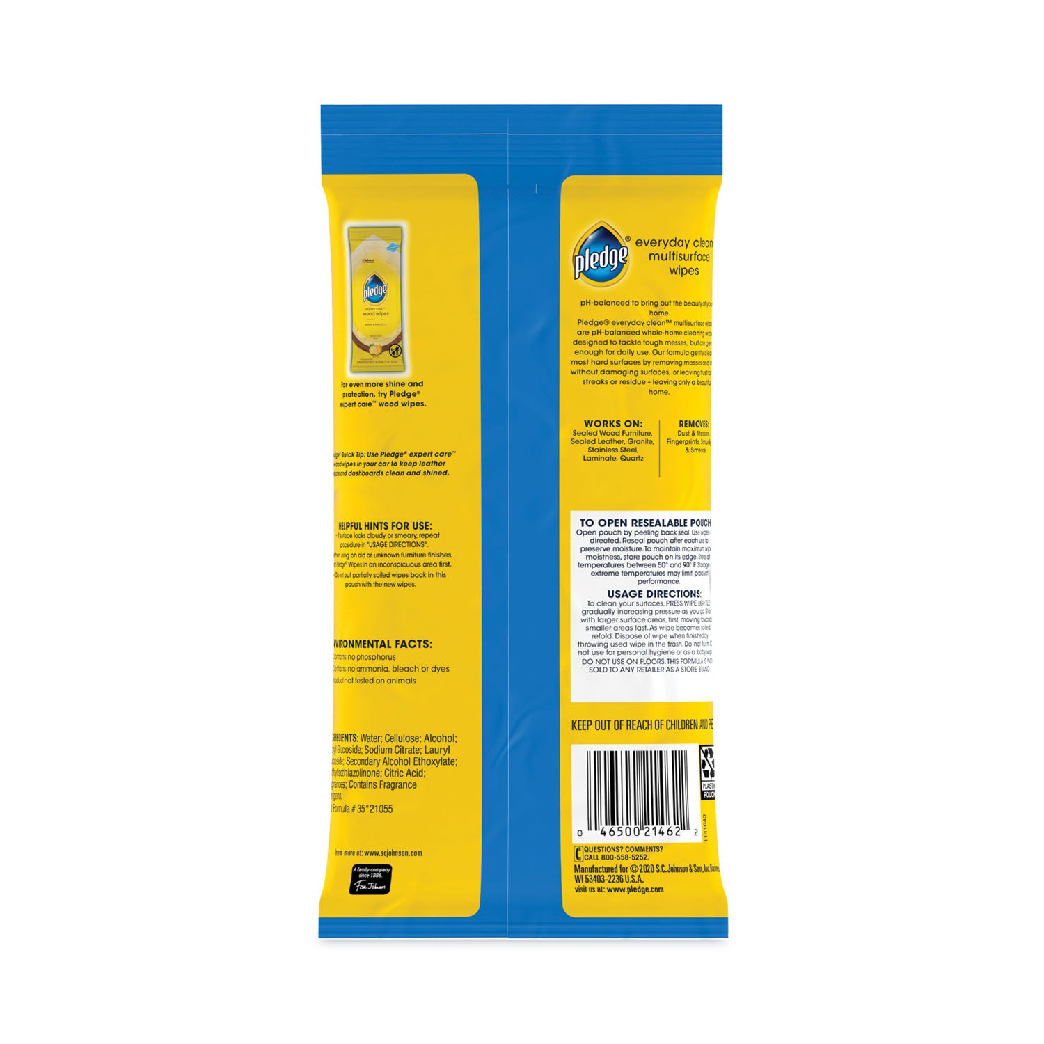 Pledge® Multi-Surface Cleaner Wet Wipes, Cloth, 7 x 10, Fresh Citrus, White, 25 Wipes