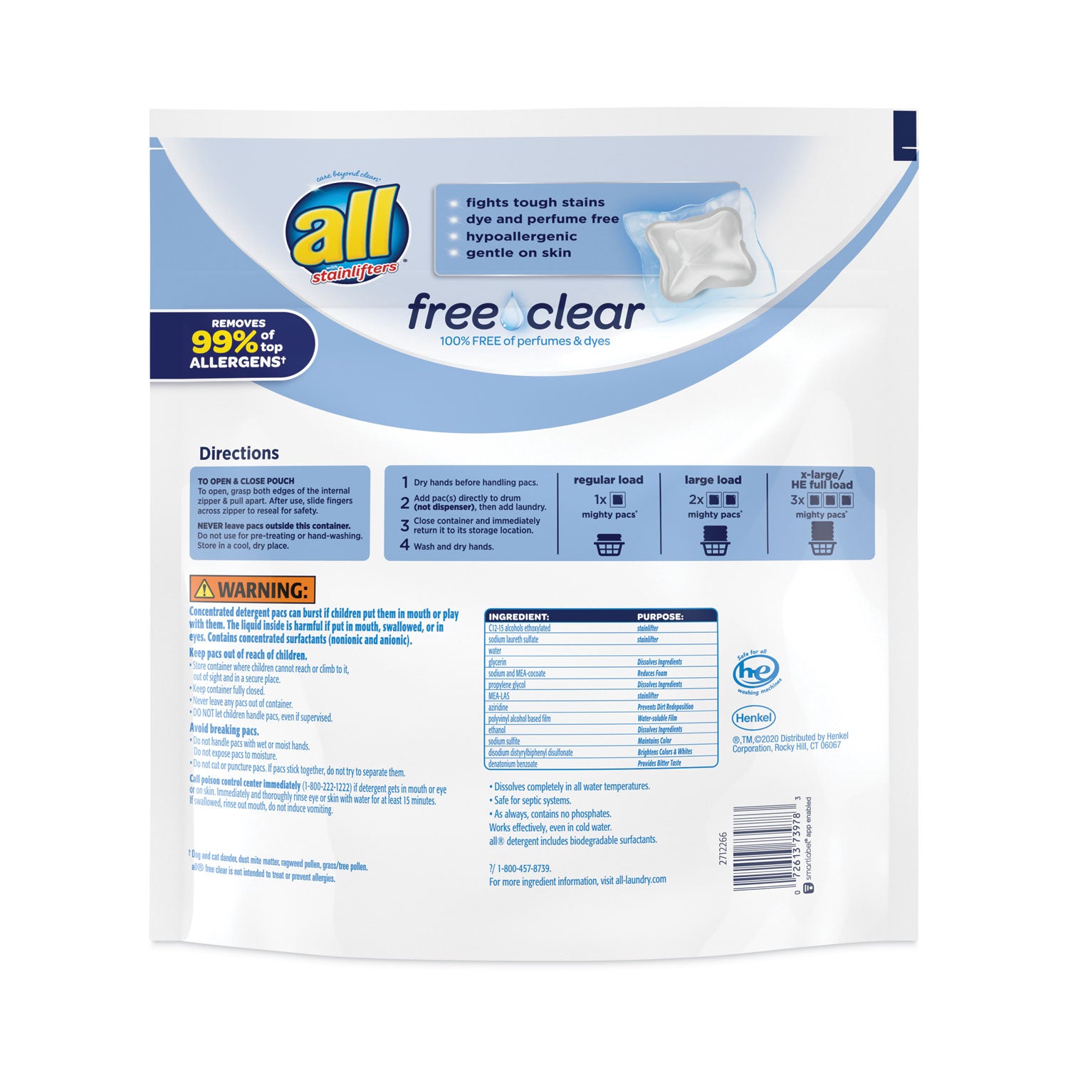 All® Mighty Pacs Free And Clear Super Concentrated Laundry Detergent, 39/pack