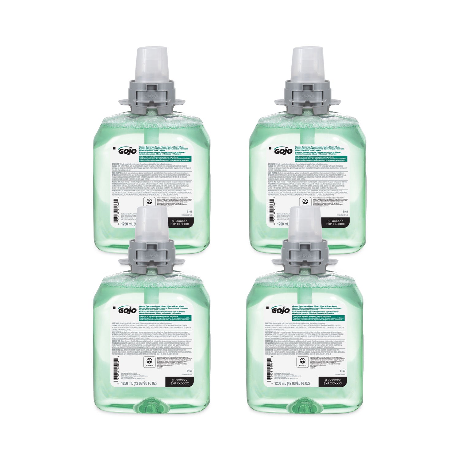 GOJO® Green Certified Foam Hair and Body Wash Refill, Cucumber Melon Scent, 1,250 mL, 4/Carton