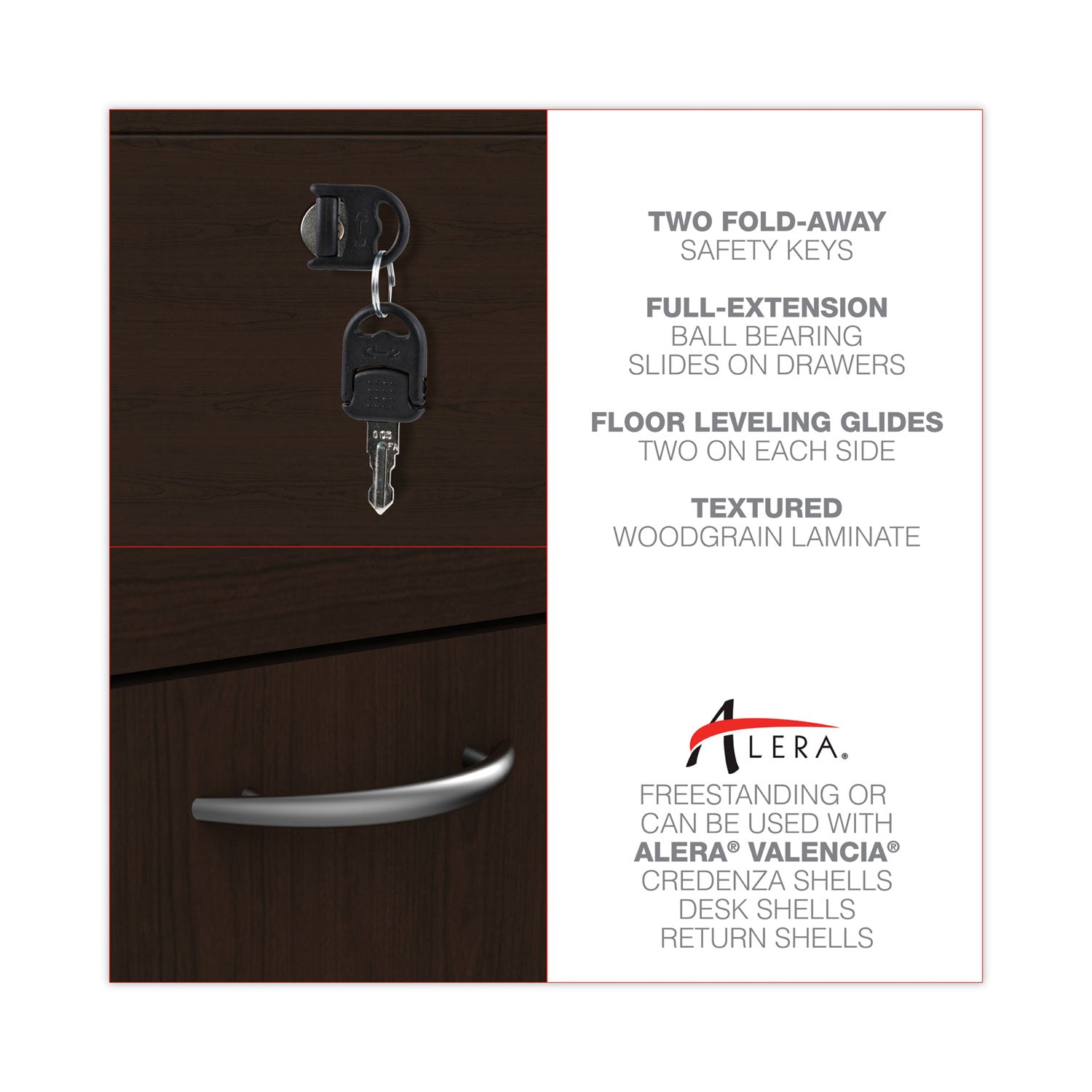 Alera® Alera Valencia Series Full Pedestal File, Left/right, 3-Drawers: Box/box/file, Legal/letter, Espresso, 15.63" X 20.5" X 28.5"