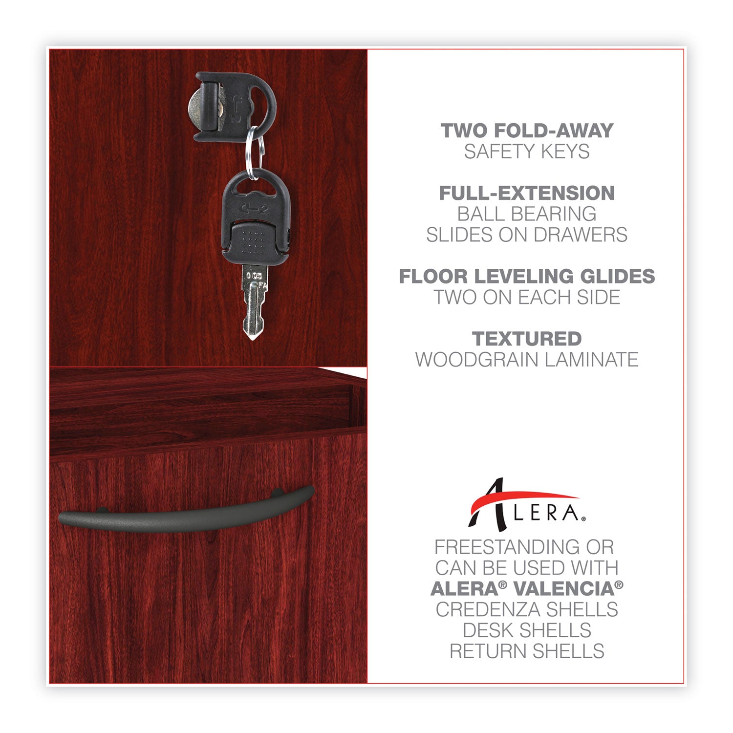 Alera® Alera Valencia Series Full Pedestal File, Left/right, 3-Drawers: Box/box/file, Legal/letter, Mahogany, 15.63" X 20.5" X 28.5"