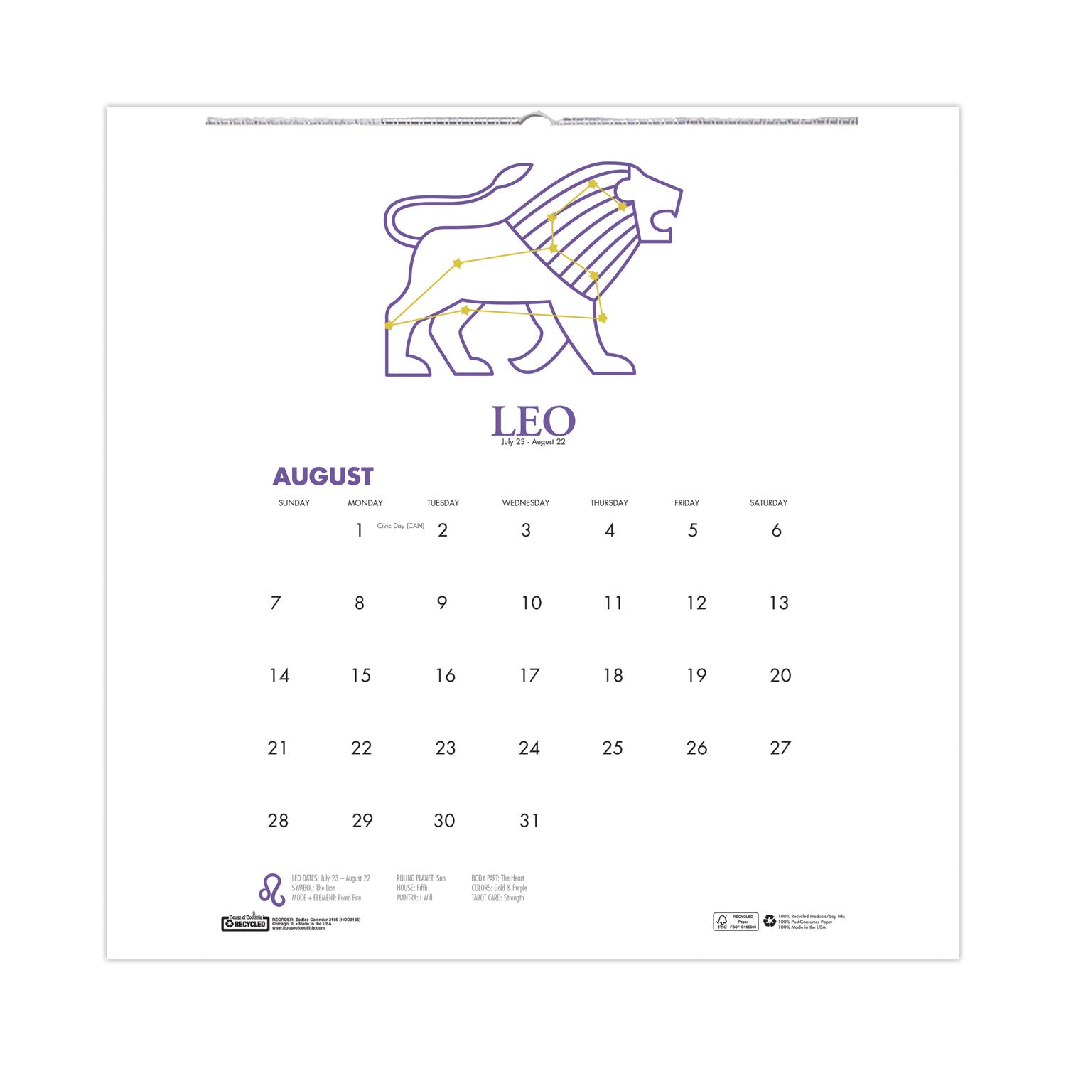 Recycled Academic Zodiac Wall Calendar, 11 x 14, Multicolor Sheets, 12-Month (Aug to July): 2024 to 2025