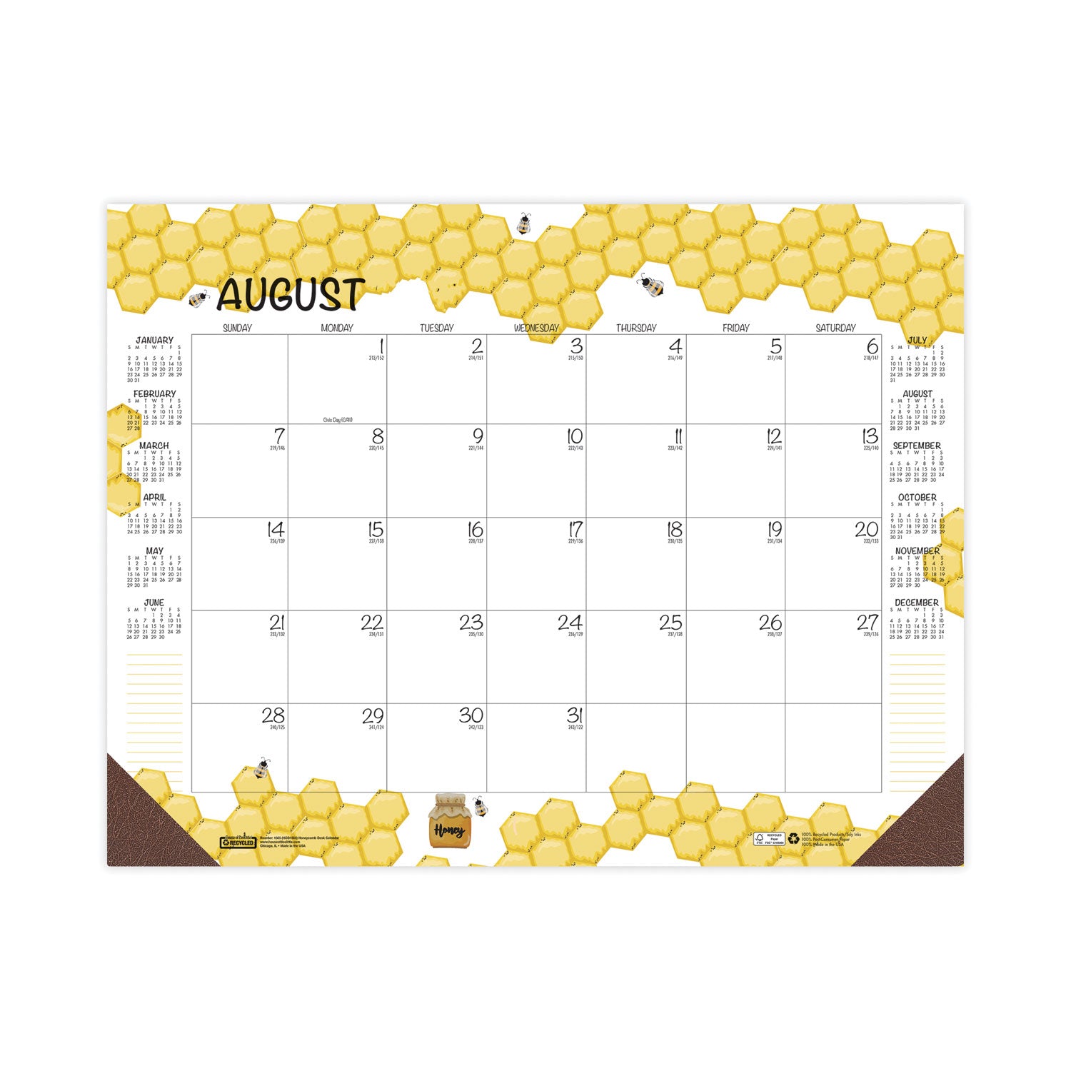 Academic Year Recycled Honeycomb Desk Pad Calendar, 22 x 17, White/Multicolor Sheets, 12-Month (Aug to July): 2024 to 2025