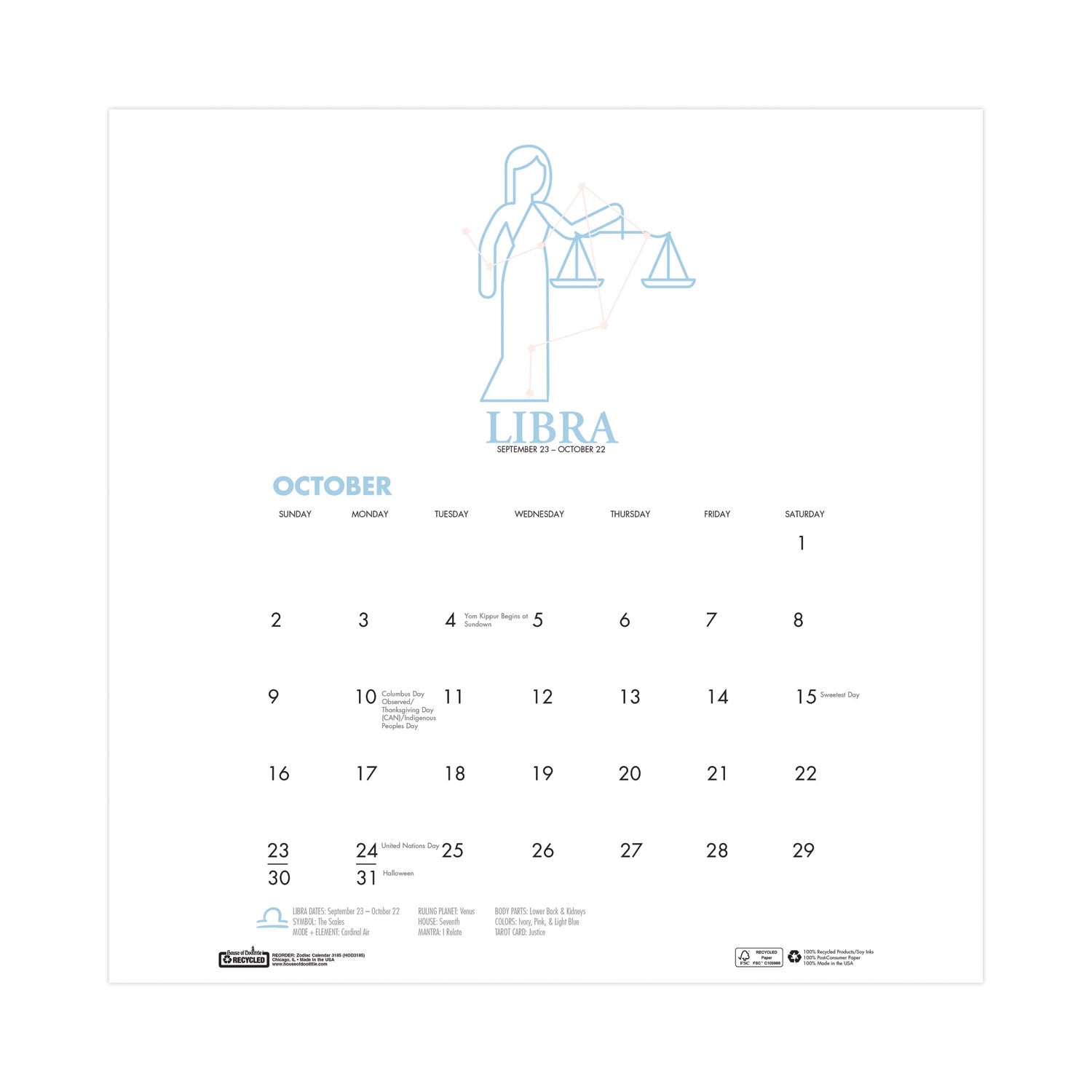 House of Doolittle™ Recycled Academic Zodiac Wall Calendar, 11 x 14, Multicolor Sheets, 12-Month (Aug to July): 2024 to 2025