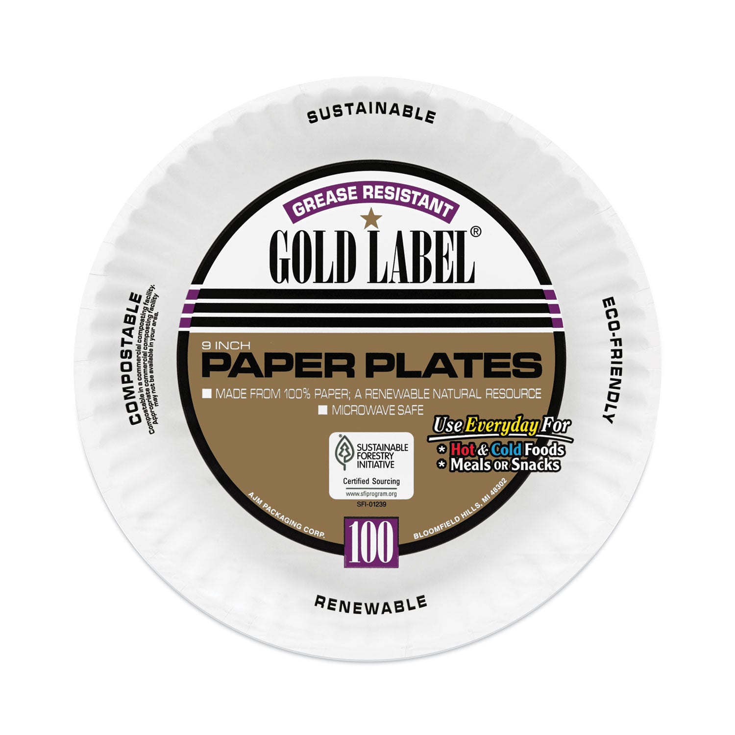 AJM Packaging Corporation Coated Paper Plates, 9" Dia, White, 100/pack, 12 Packs/carton