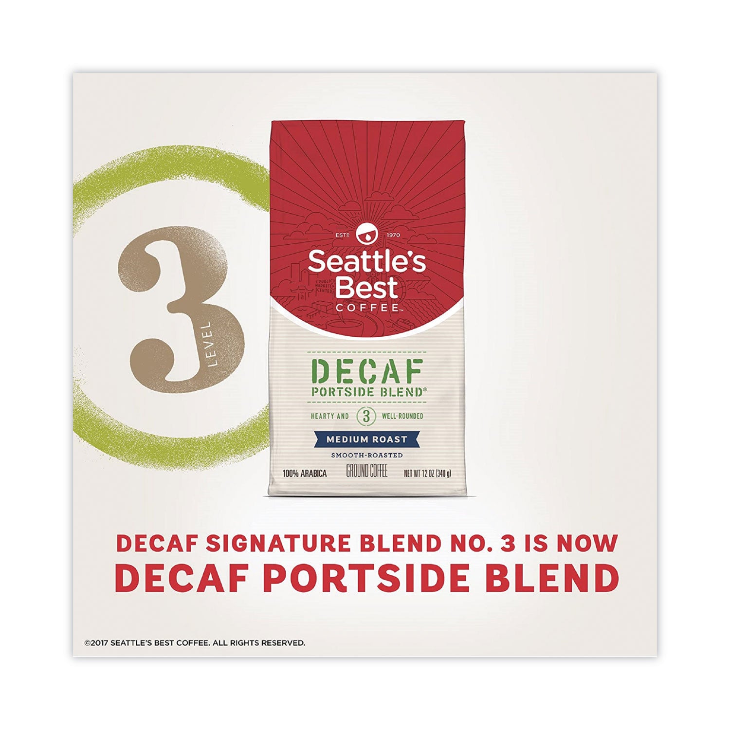 Seattle's Best™ Port Side Blend Ground Coffee, Decaffeinated Medium Roast, 12 oz Bag, 6/Carton
