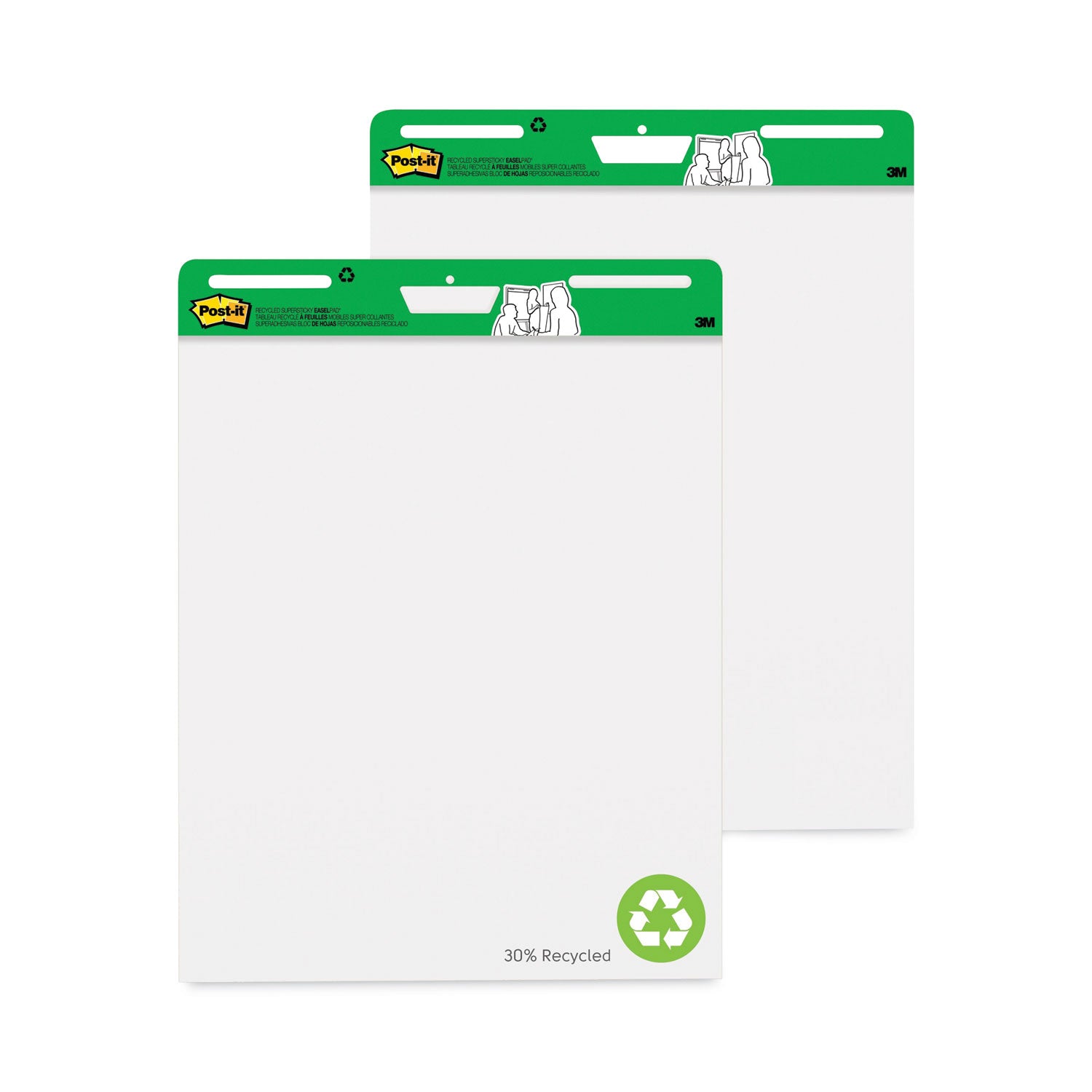 Post-it® Easel Pads Super Sticky Vertical-Orientation Self-Stick Easel Pads, Green Headband, Unruled, 25 x 30, White, 30 Sheets, 2/Carton